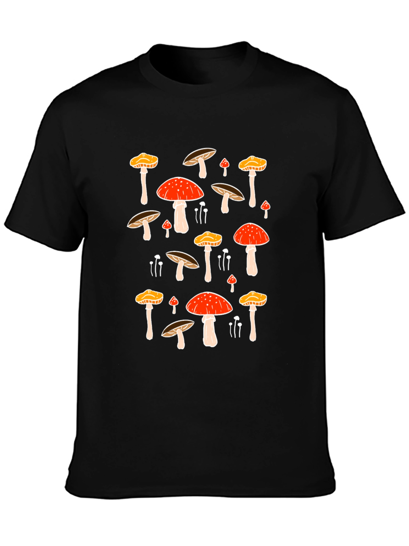 Mushroom Print Black Tee - Funky Nature T-Shirt