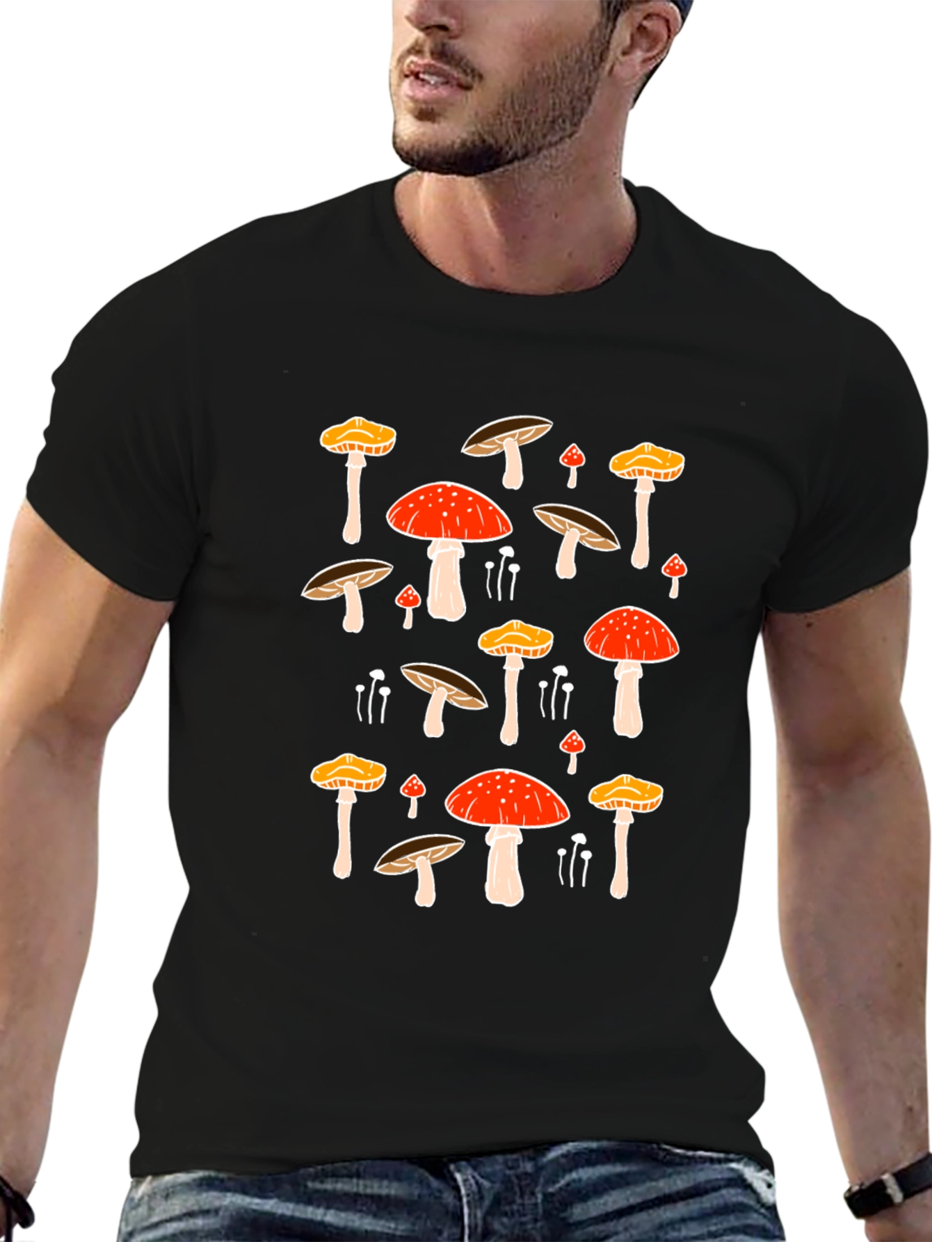 Mushroom Print Black Tee - Funky Nature T-Shirt