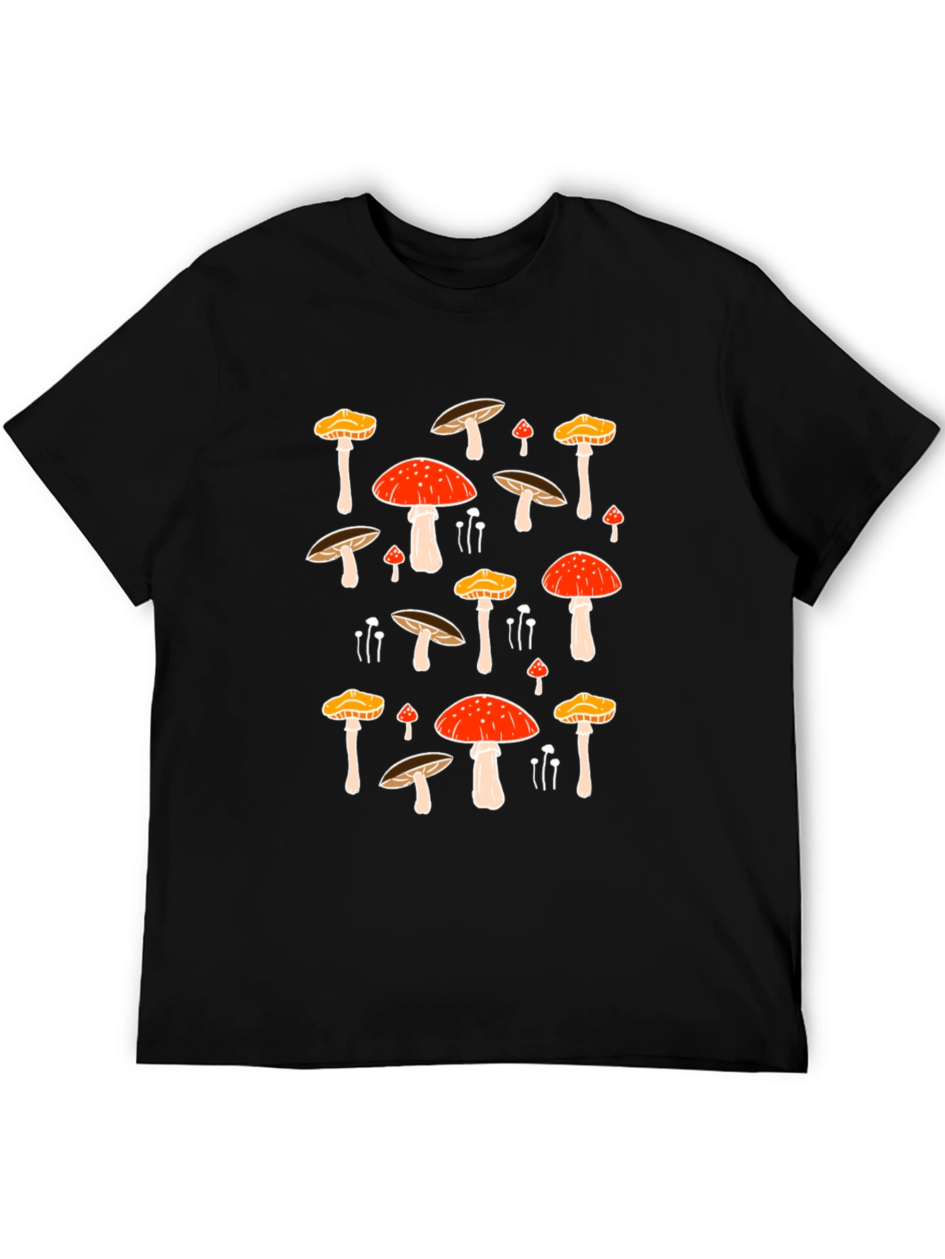 Mushroom Print Black Tee - Funky Nature T-Shirt