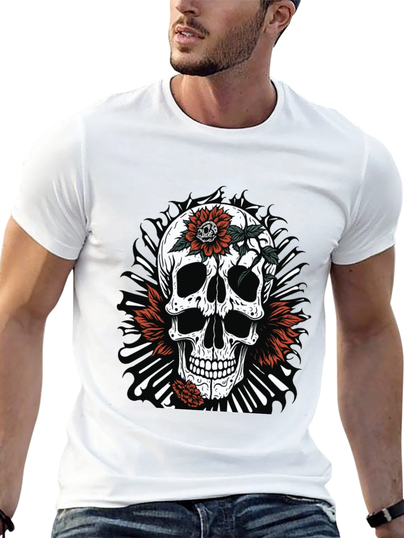 Skull & Flowers Graphic Tee - Edgy Style