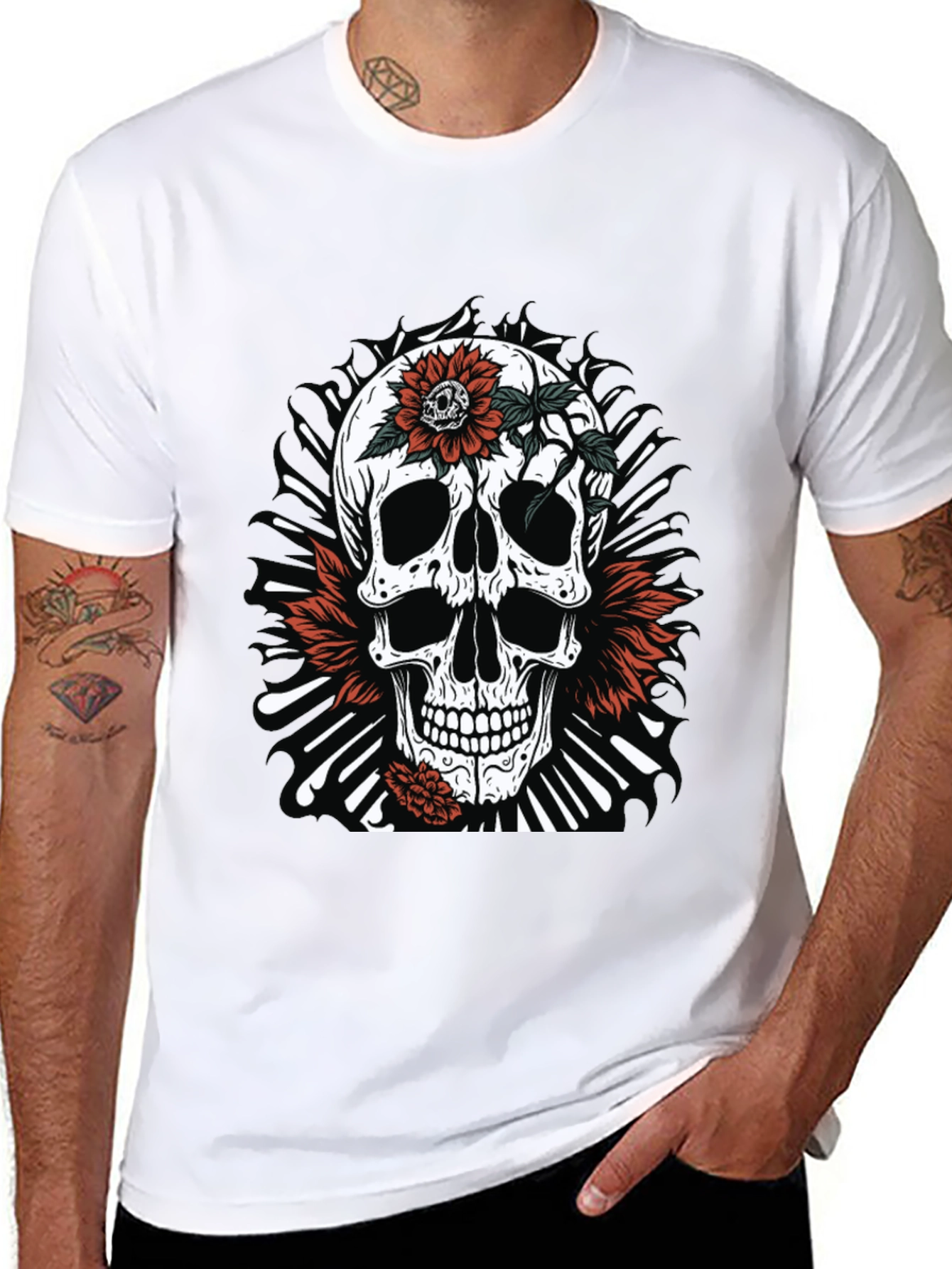 Skull & Flowers Graphic Tee - Edgy Style