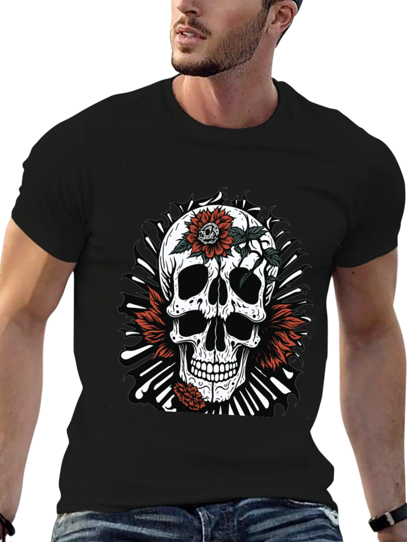 Skull & Flowers Graphic Tee - Edgy Style