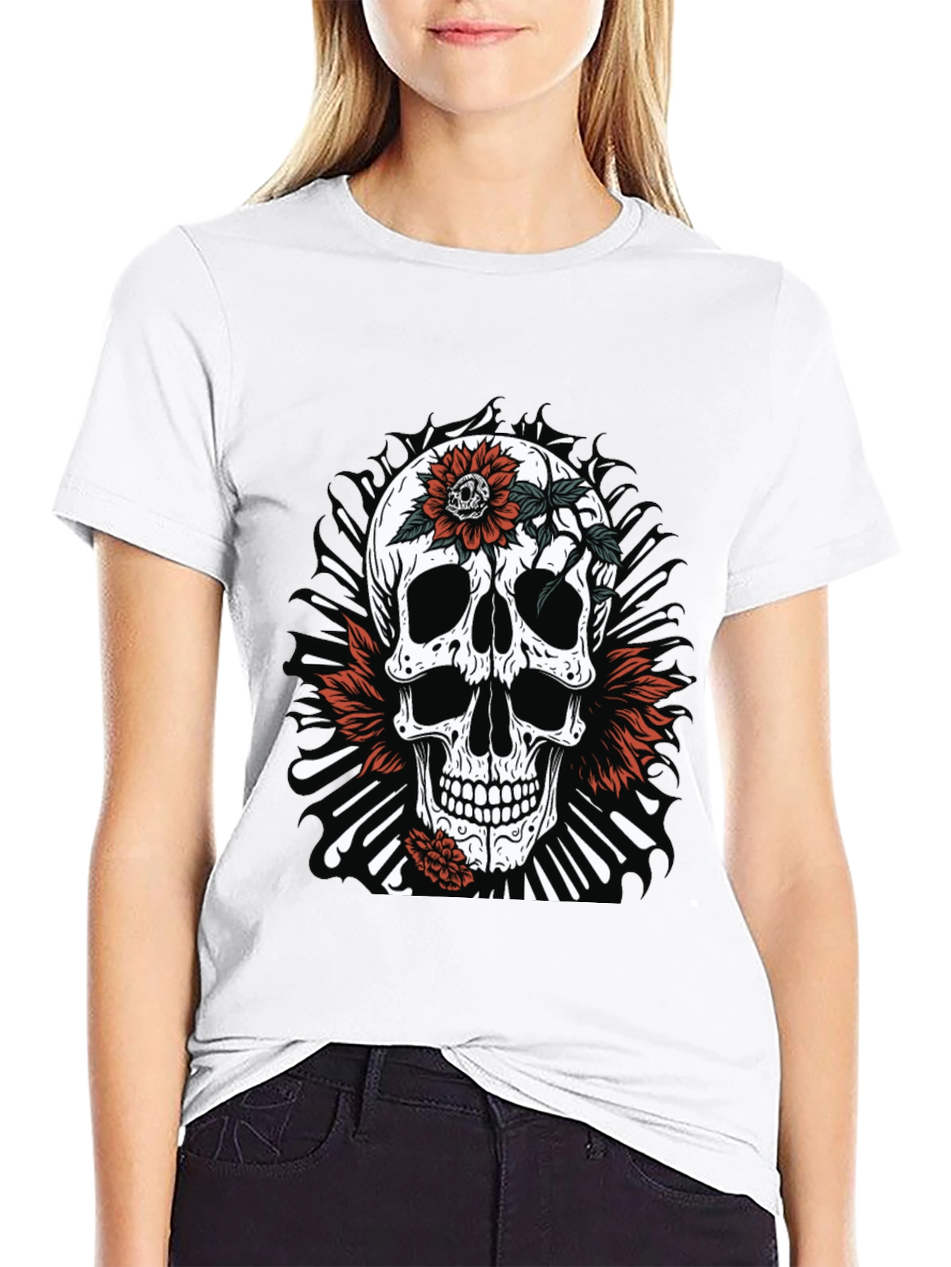 Skull & Flowers Graphic Tee - Edgy Style