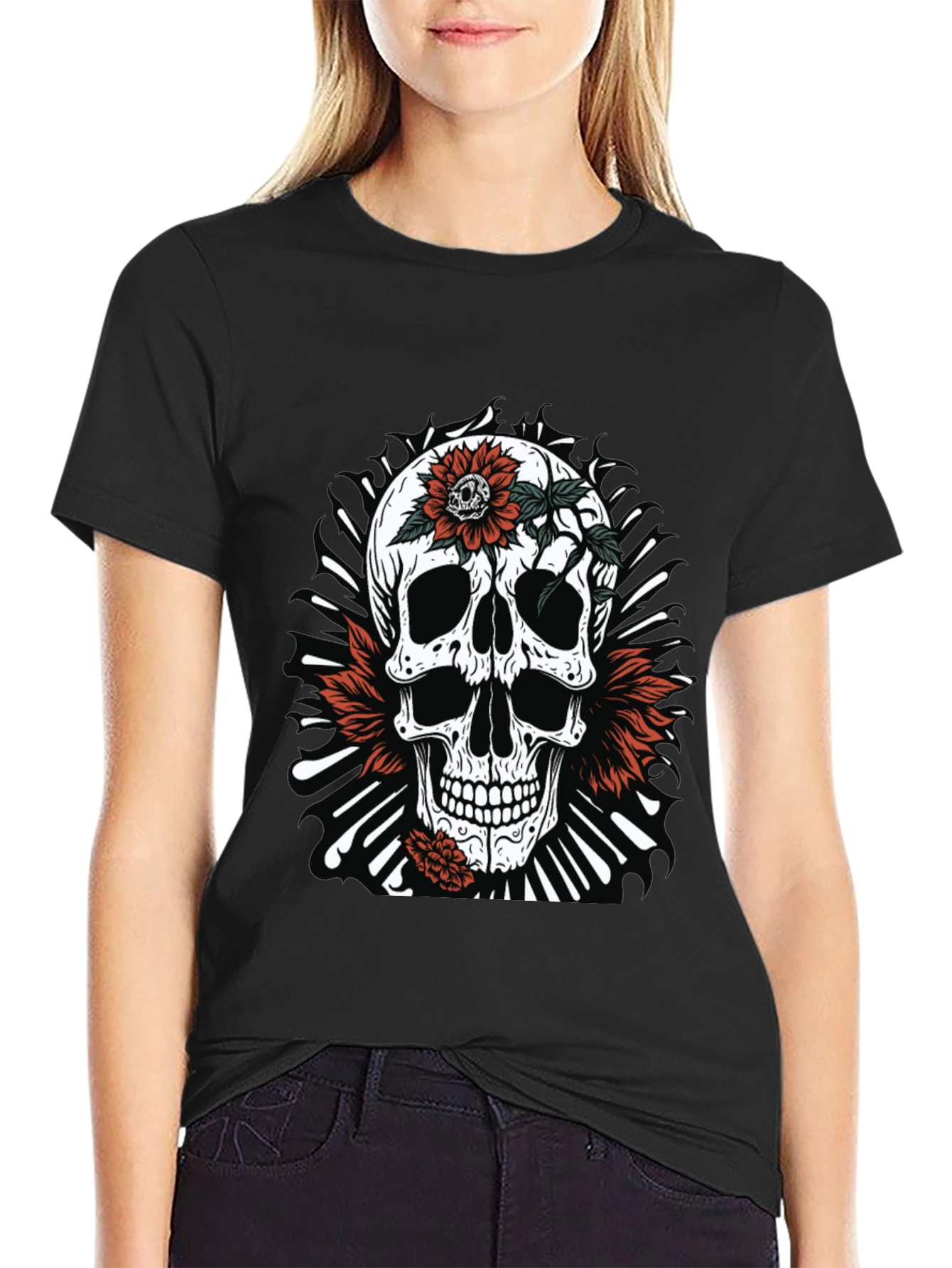 Skull & Flowers Graphic Tee - Edgy Style