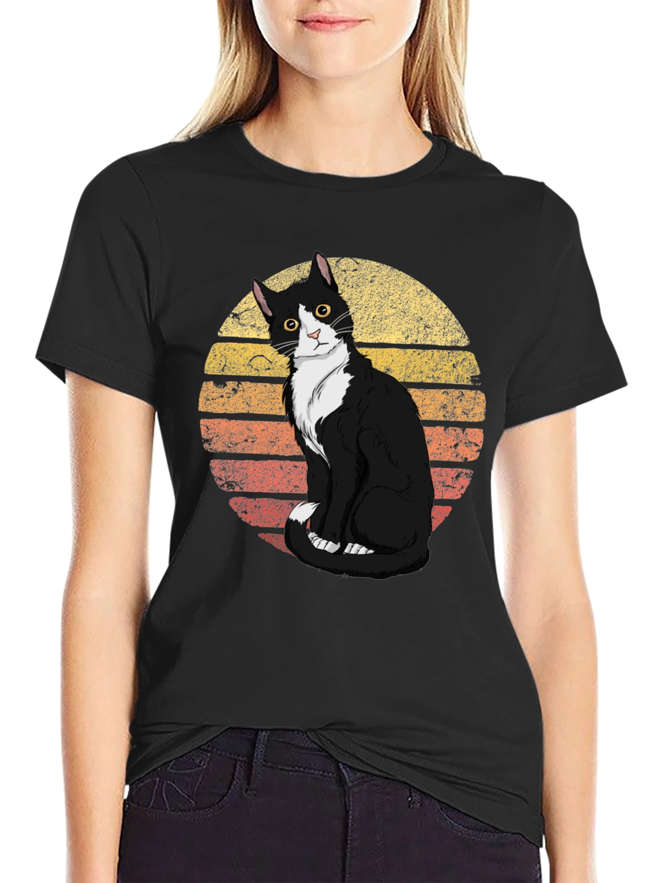 Retro Cat Graphic Tee - Black