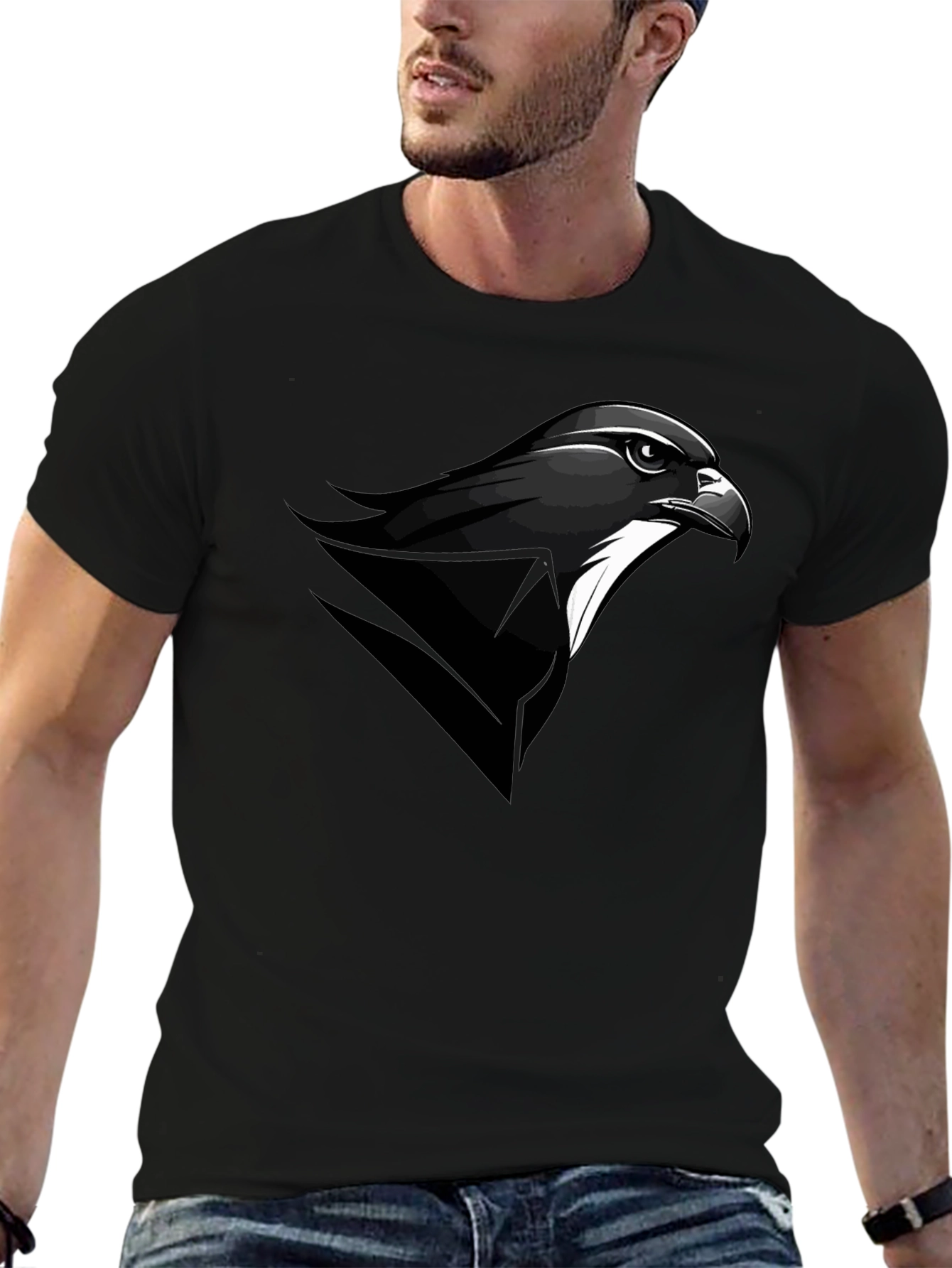 Mens Black T-Shirt with Falcon Graphic Tee