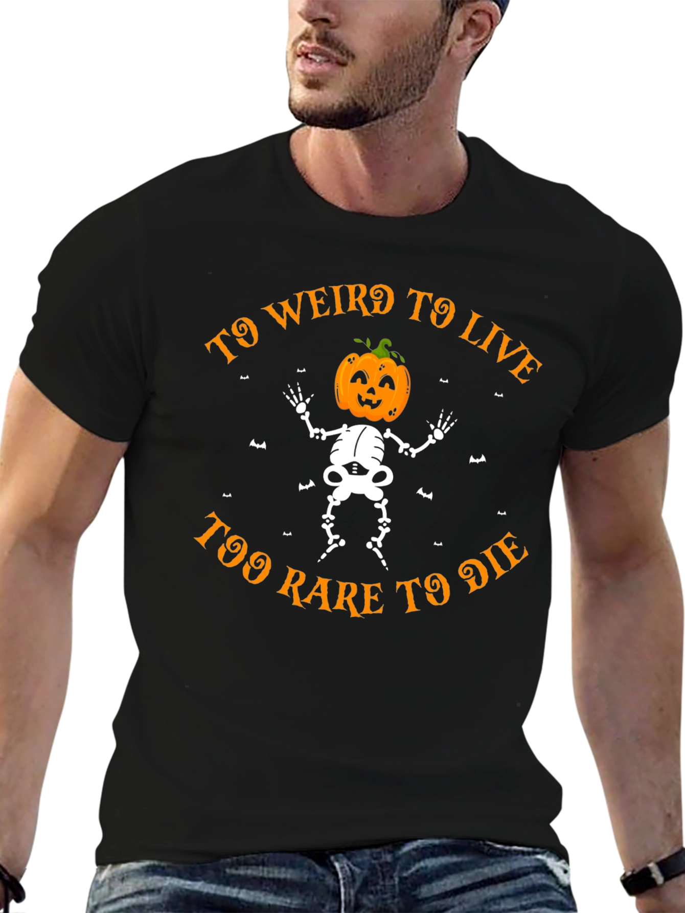 Too Weird to Live Halloween Skeleton Pumpkin Head T-Shirt