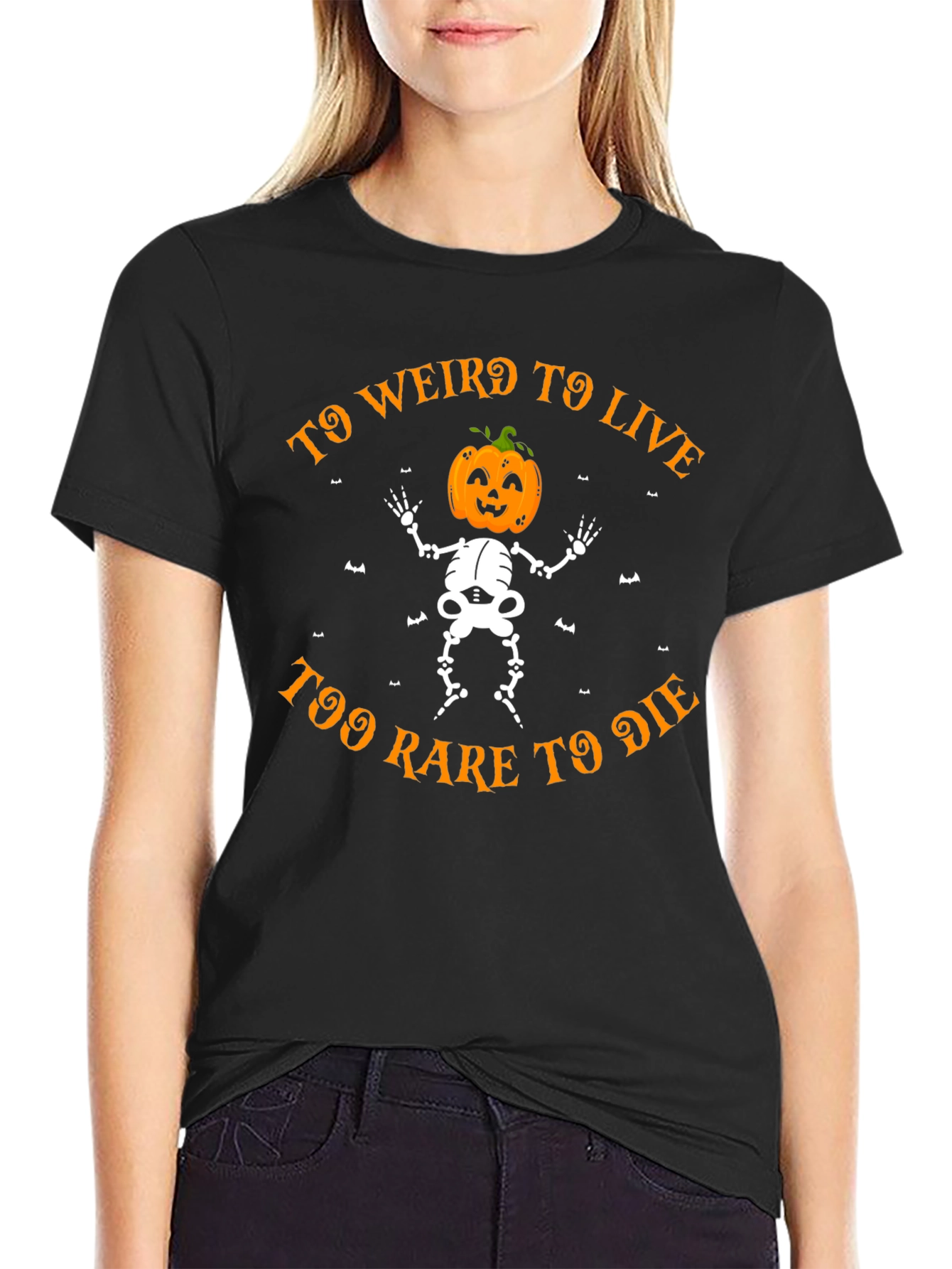 Too Weird to Live Halloween Skeleton Pumpkin Head T-Shirt