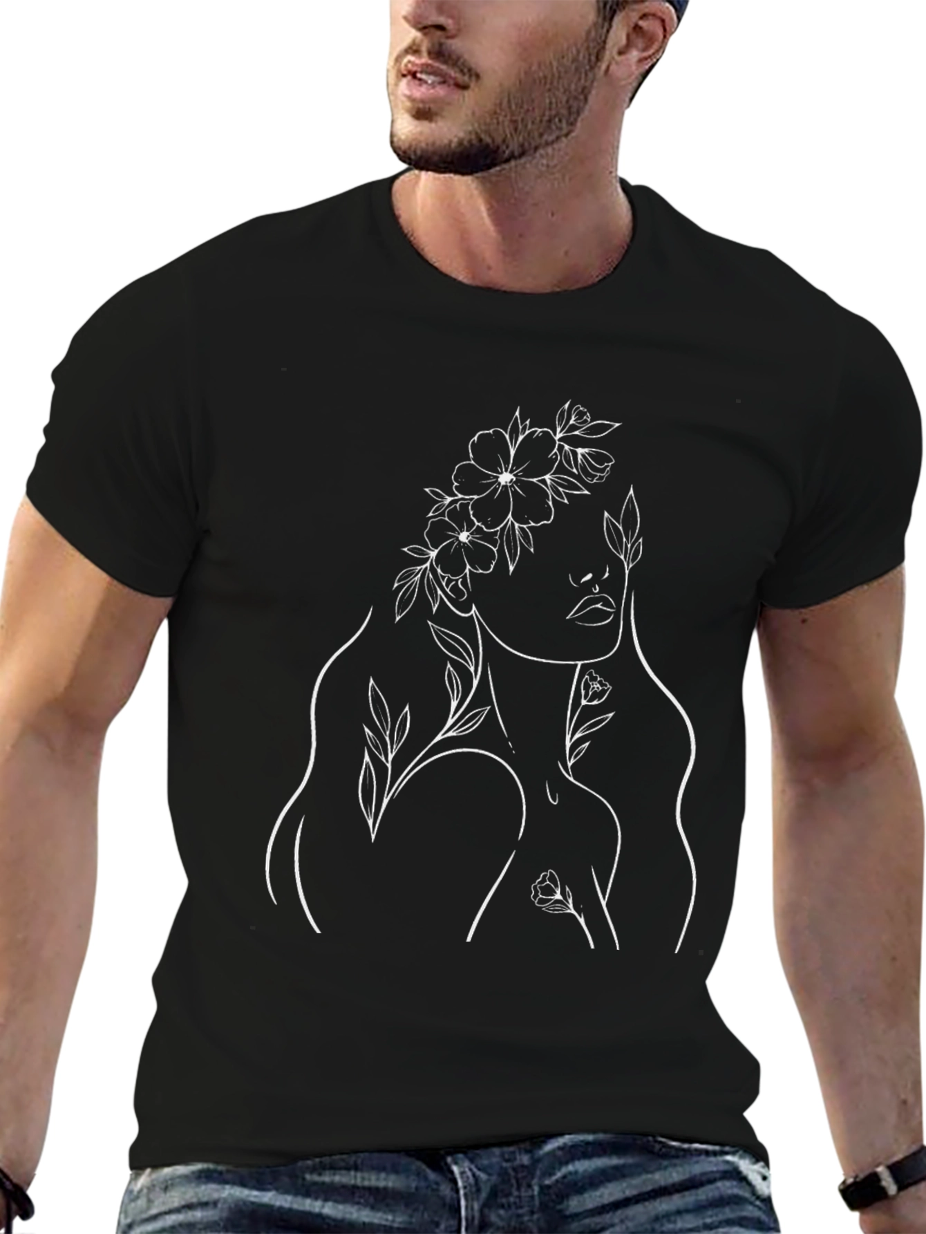Floral Woman Graphic Tee - Stylish Black T-Shirt
