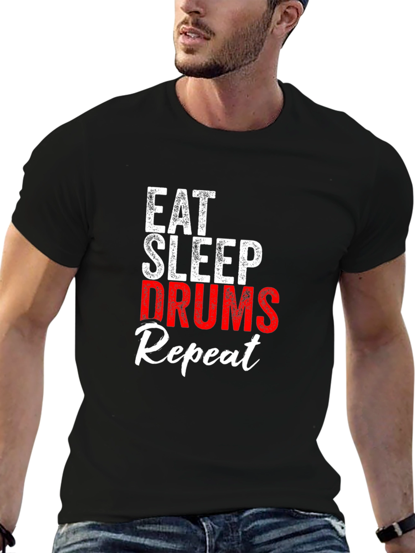 Eat Sleep Drums Repeat Black Graphic T-Shirt
