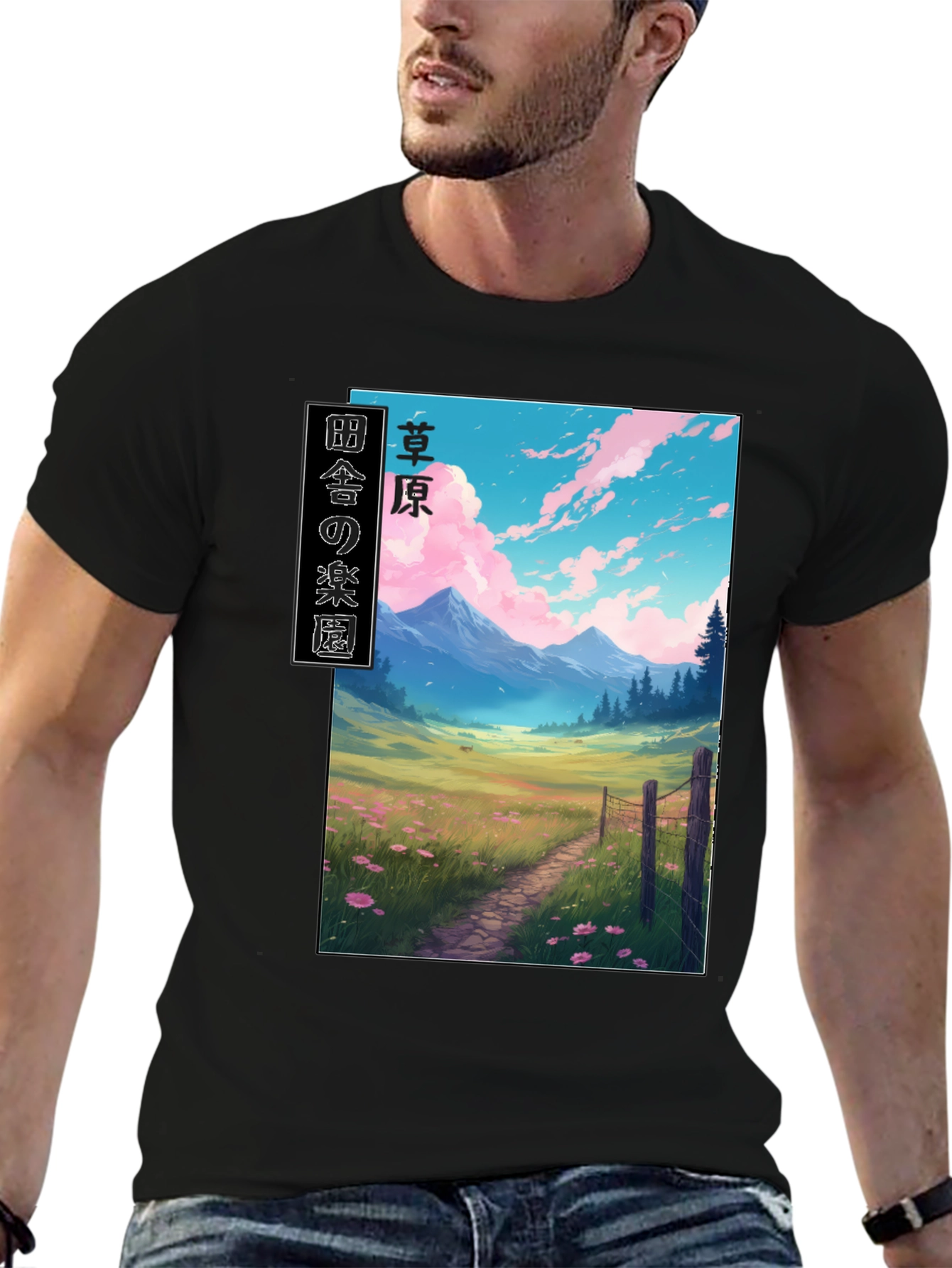 Anime Landscape Graphic Tee - Stylish Black T-Shirt