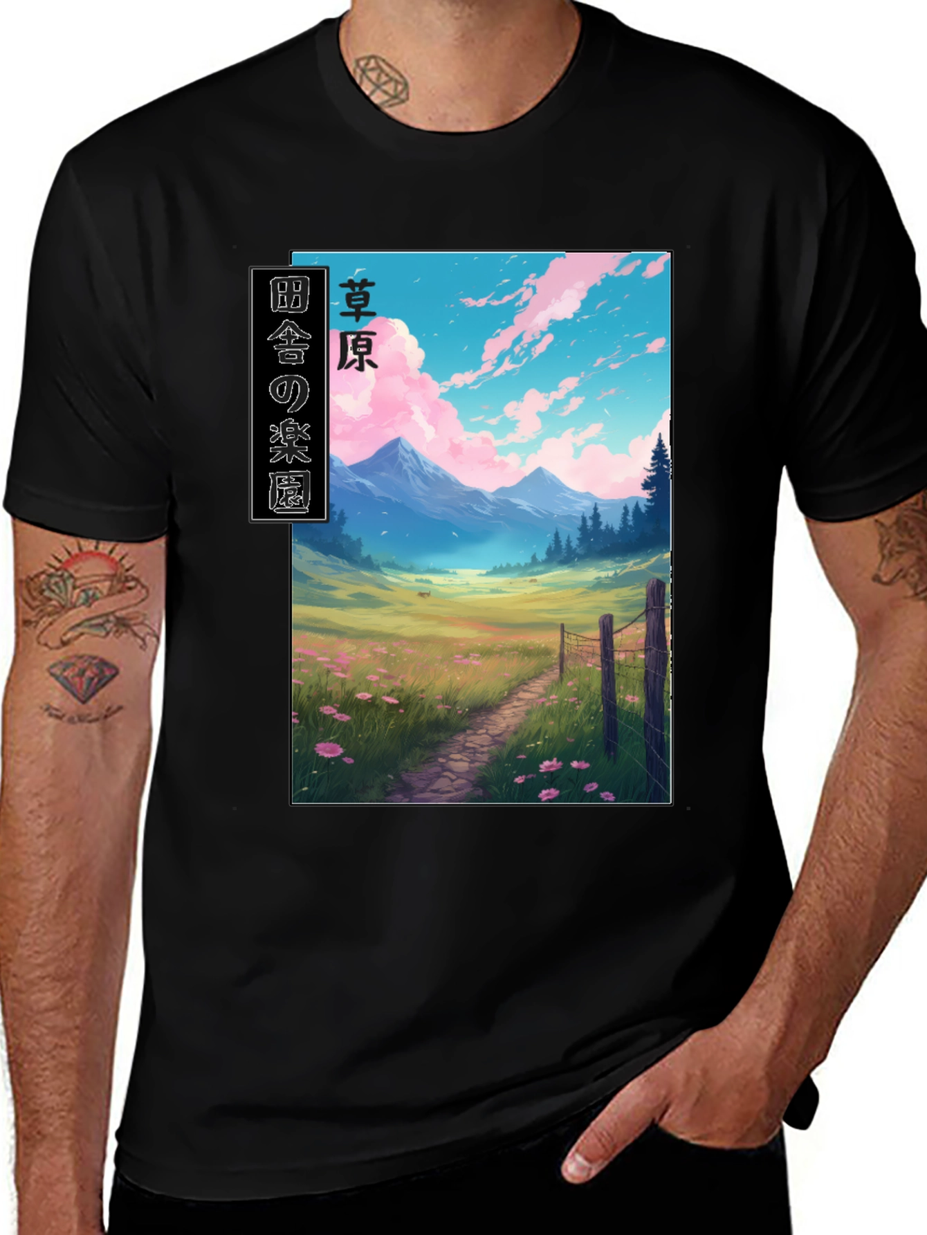 Anime Landscape Graphic Tee - Stylish Black T-Shirt