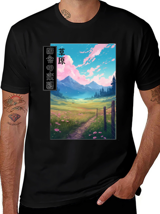 Anime Landscape Graphic Tee - Stylish Black T-Shirt