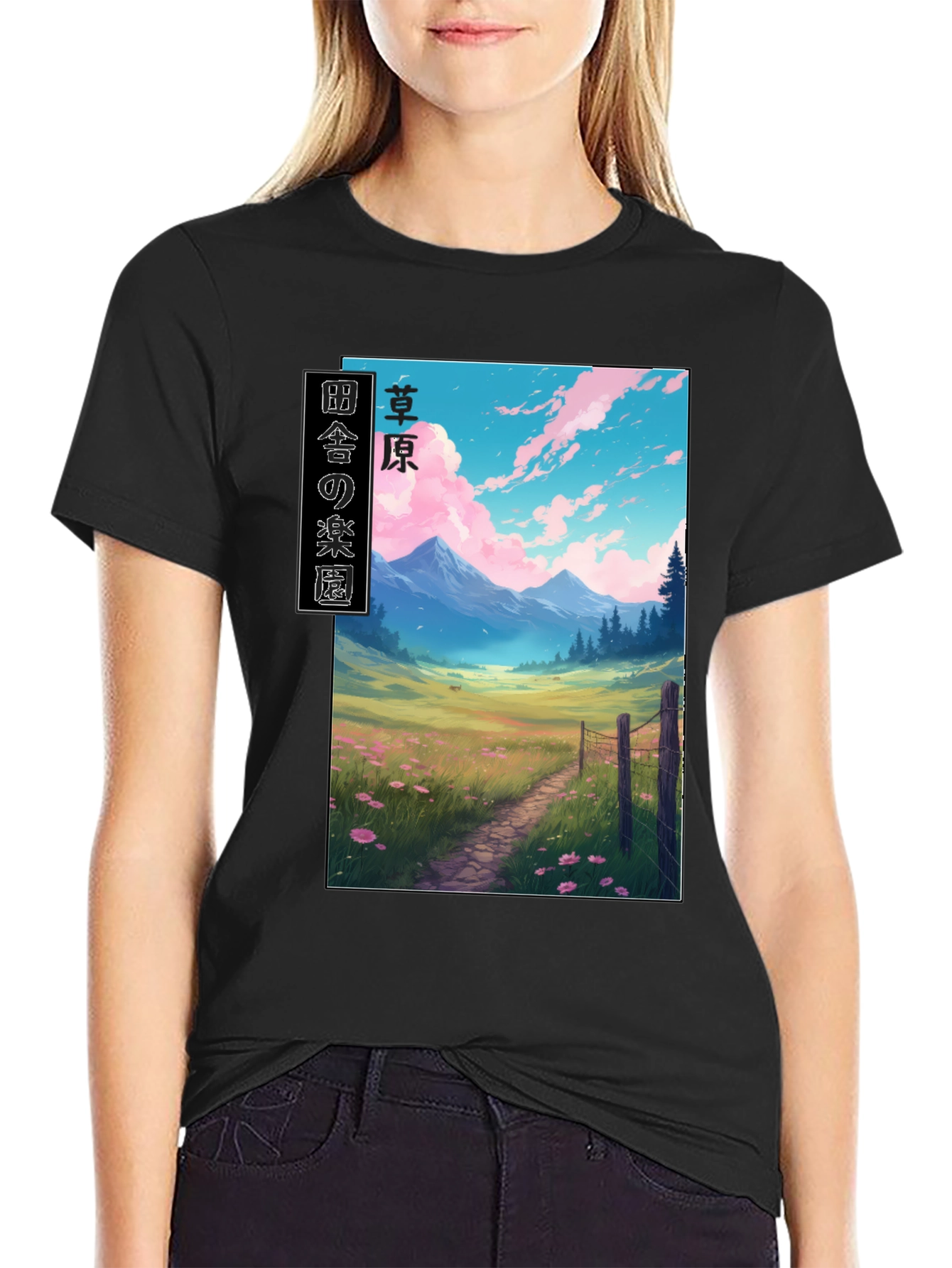 Anime Landscape Graphic Tee - Stylish Black T-Shirt