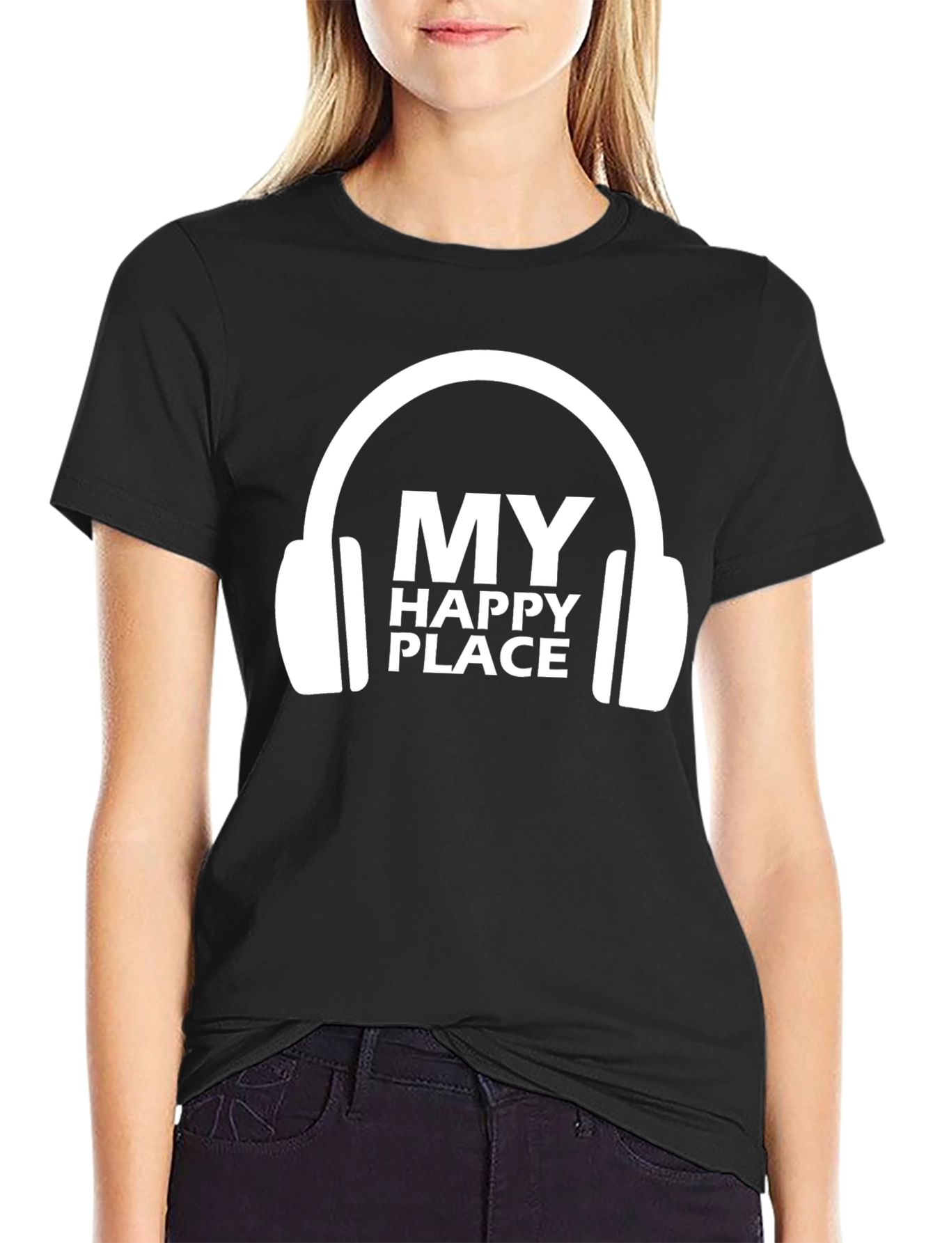 My Happy Place Headphones Graphic Tee - Black