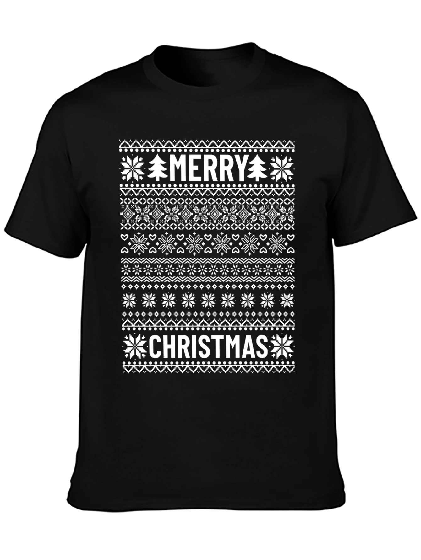Merry Christmas Sweater Pattern Black T-Shirt