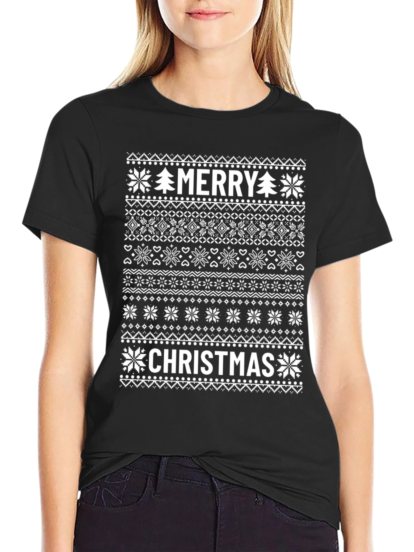 Merry Christmas Sweater Pattern Black T-Shirt