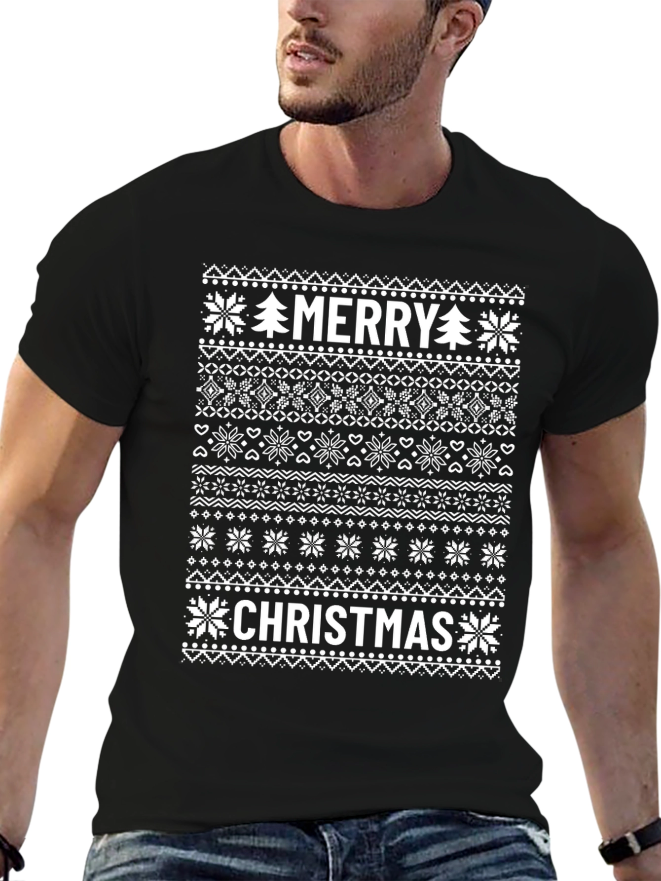 Merry Christmas Sweater Pattern Black T-Shirt