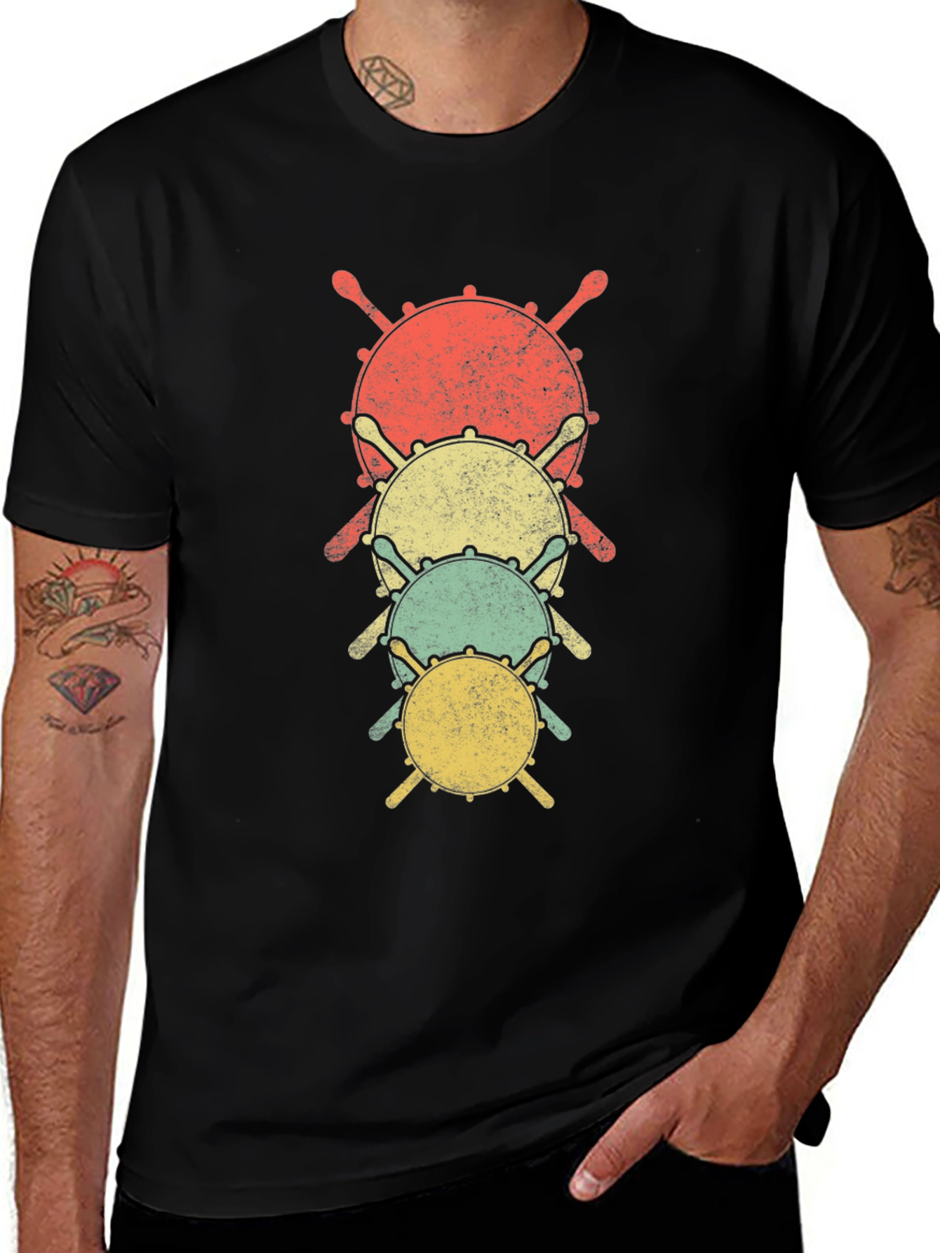 Retro Drum Stack Graphic Tee - Musicians Black T-Shirt