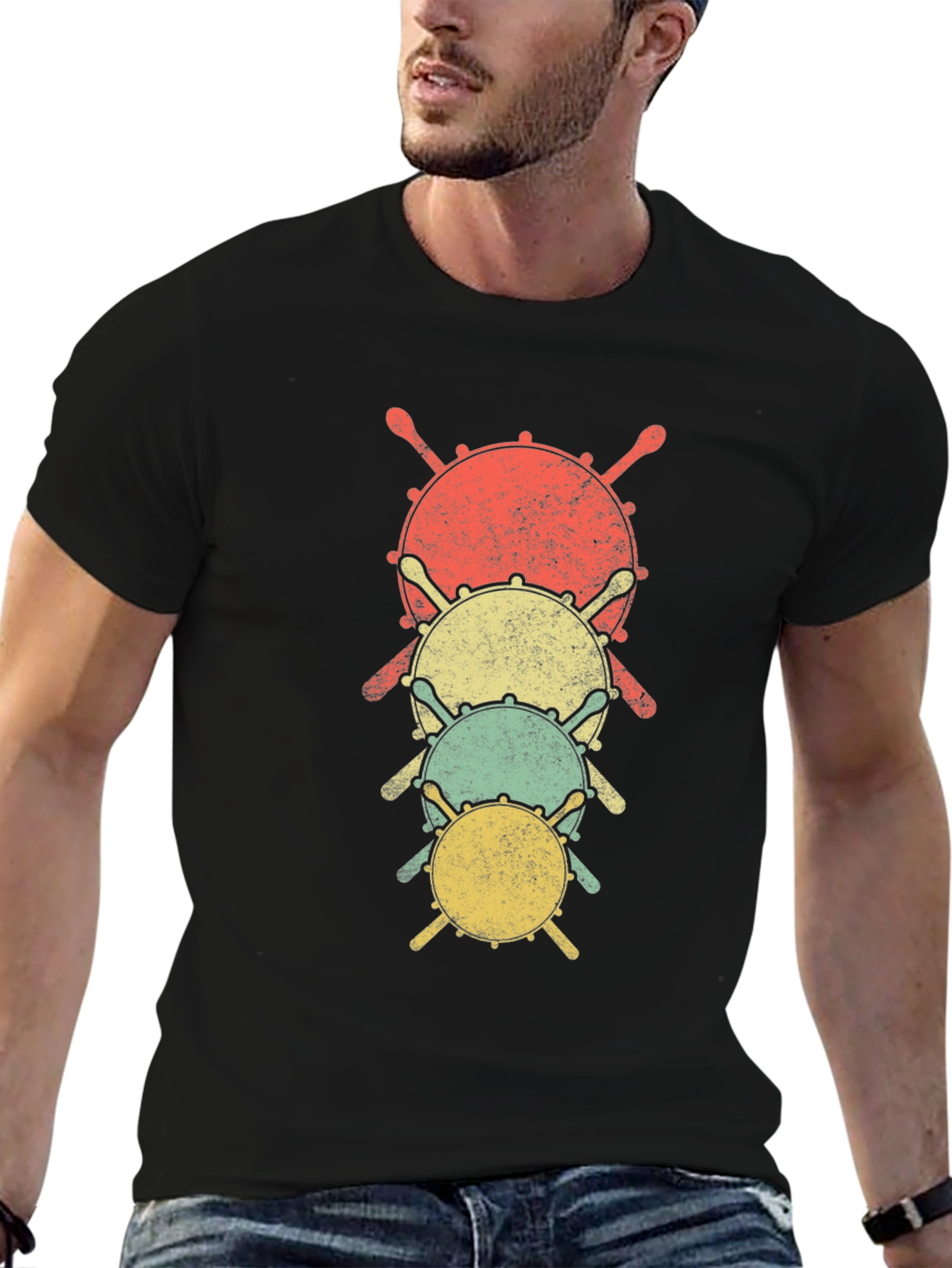 Retro Drum Stack Graphic Tee - Musicians Black T-Shirt