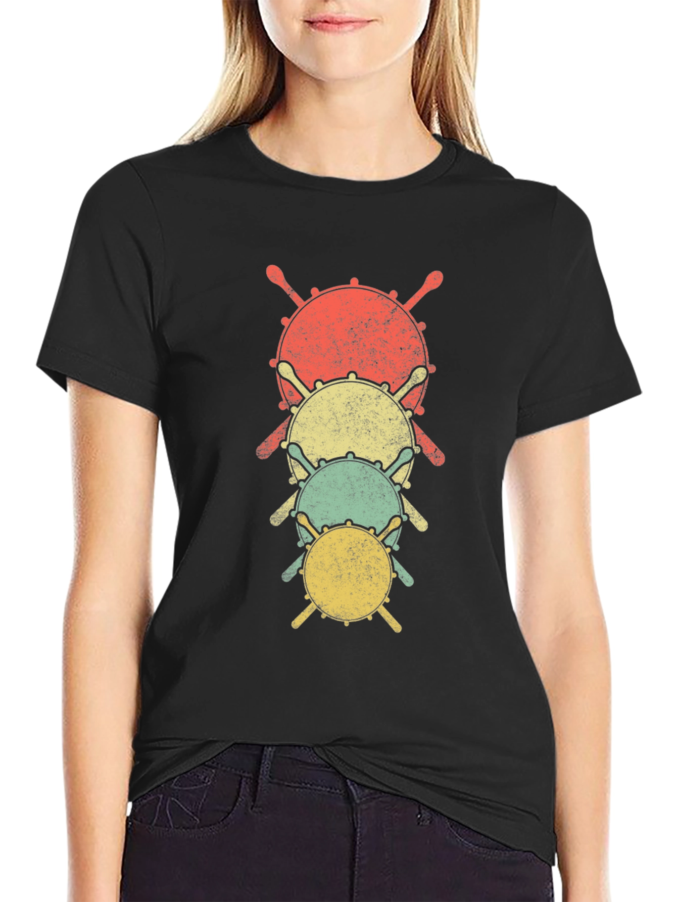 Retro Drum Stack Graphic Tee - Musicians Black T-Shirt
