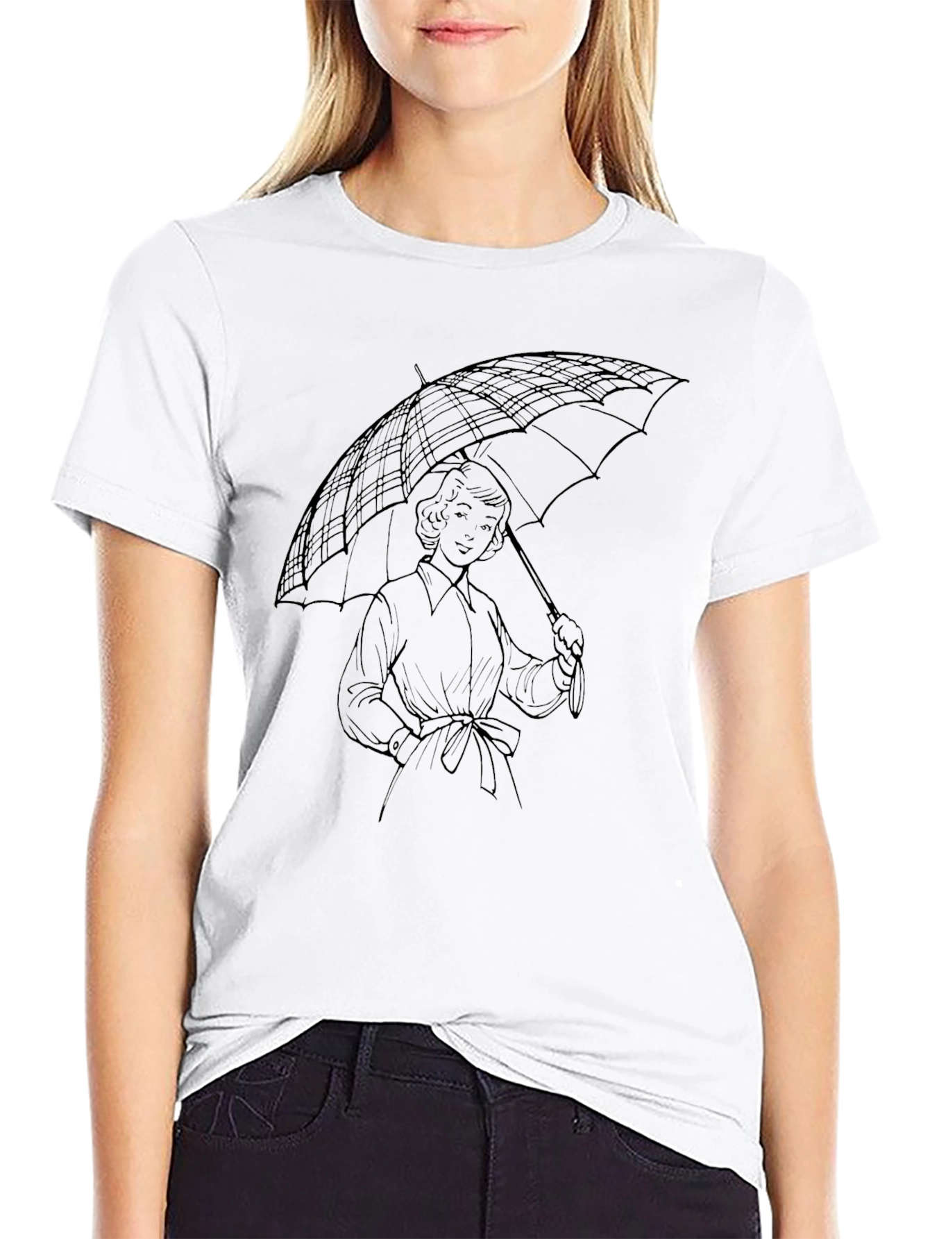 Classic Woman with Umbrella Black T-Shirt