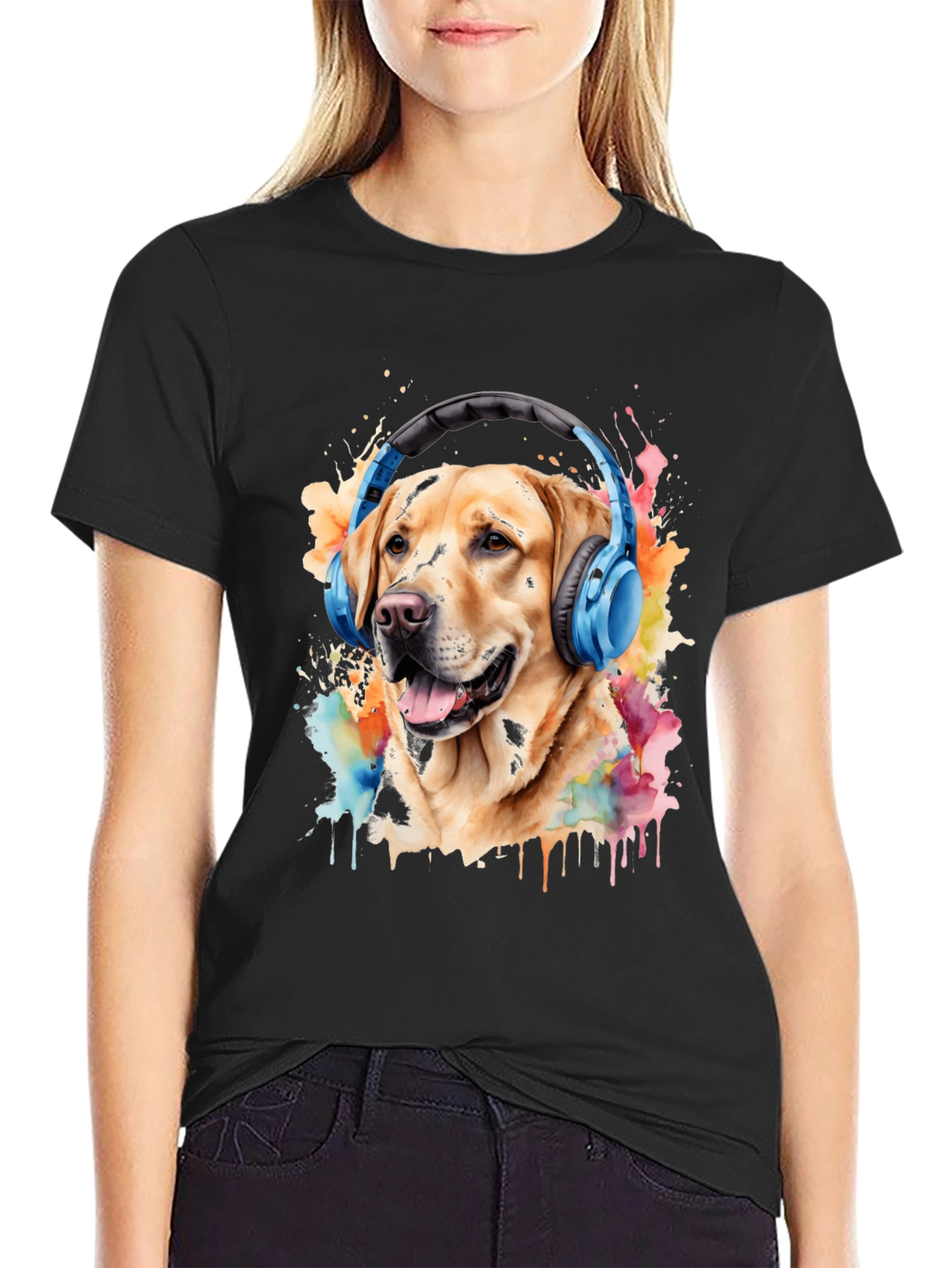 Dog with Headphones Graphic Tee - Mens Black T-Shirt