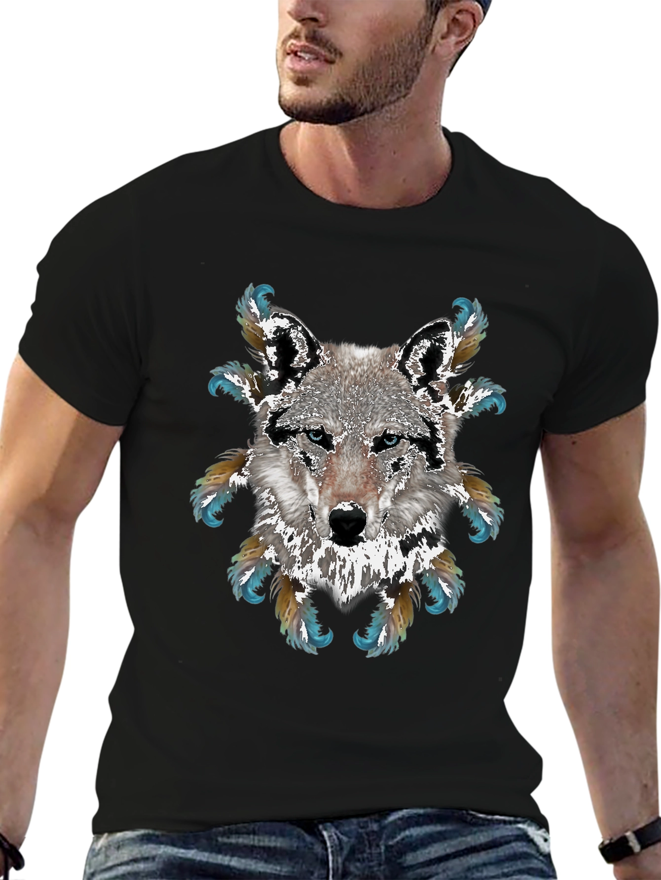 Wolf Graphic T-Shirt - Feathered Design