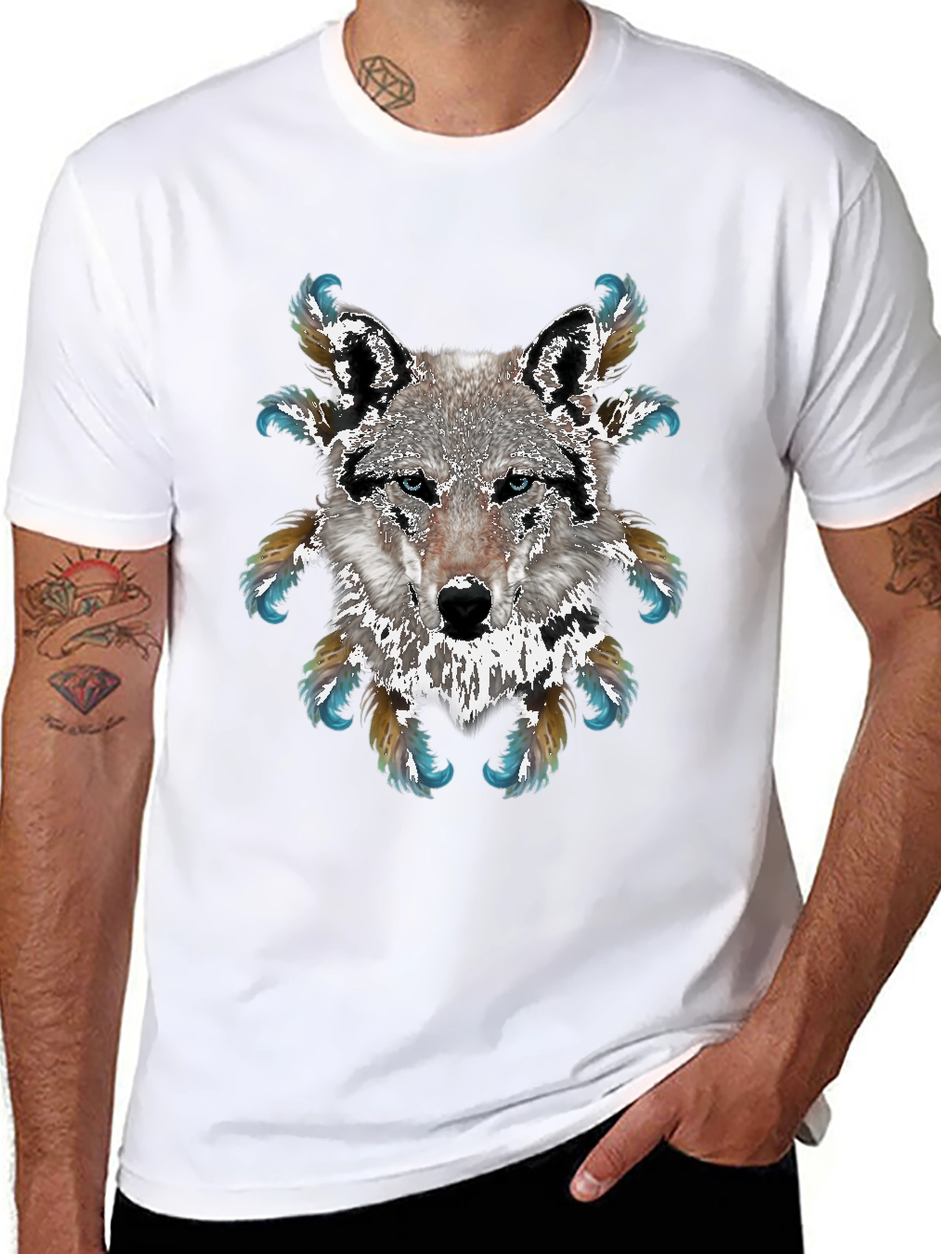 Wolf Graphic T-Shirt - Feathered Design