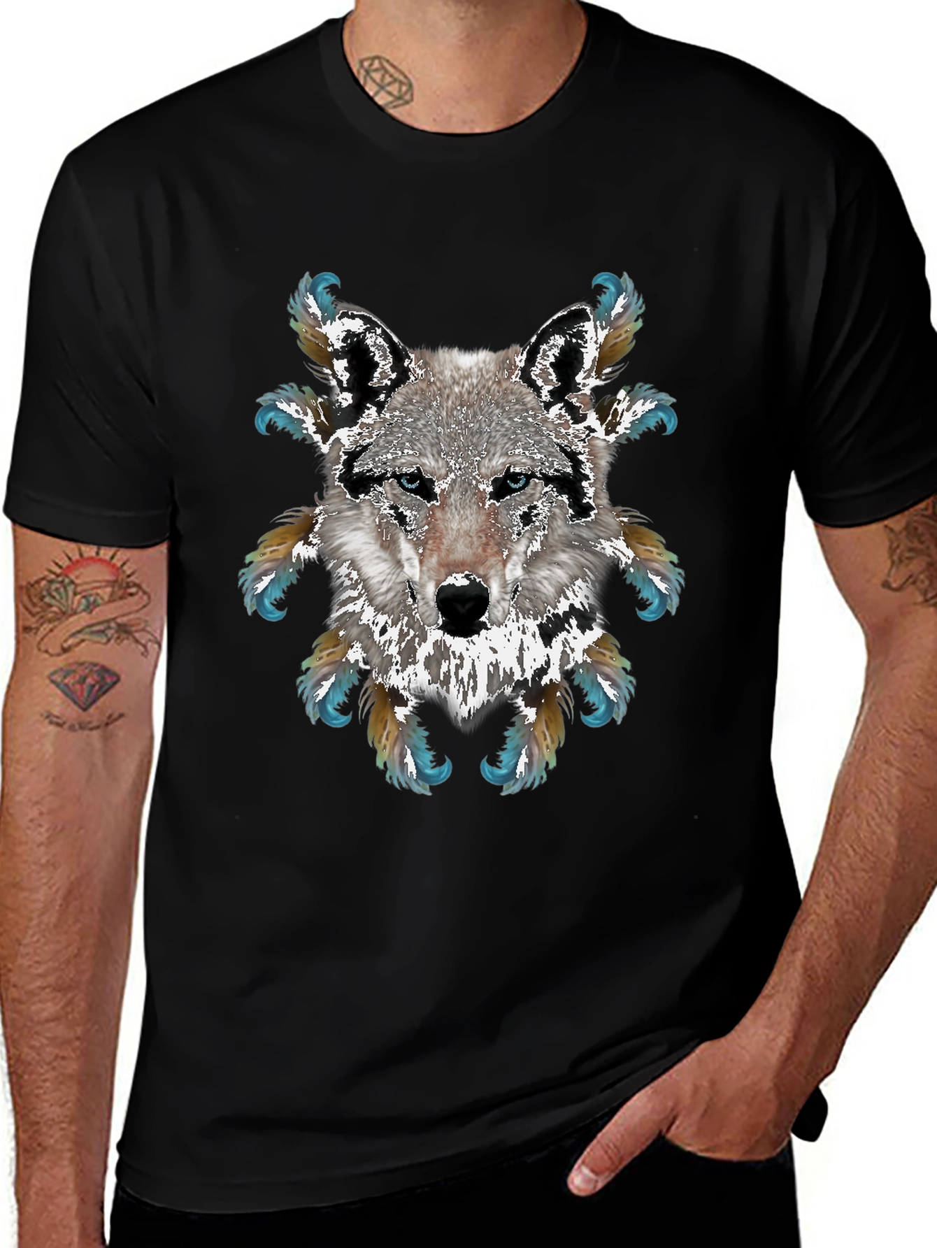 Wolf Graphic T-Shirt - Feathered Design
