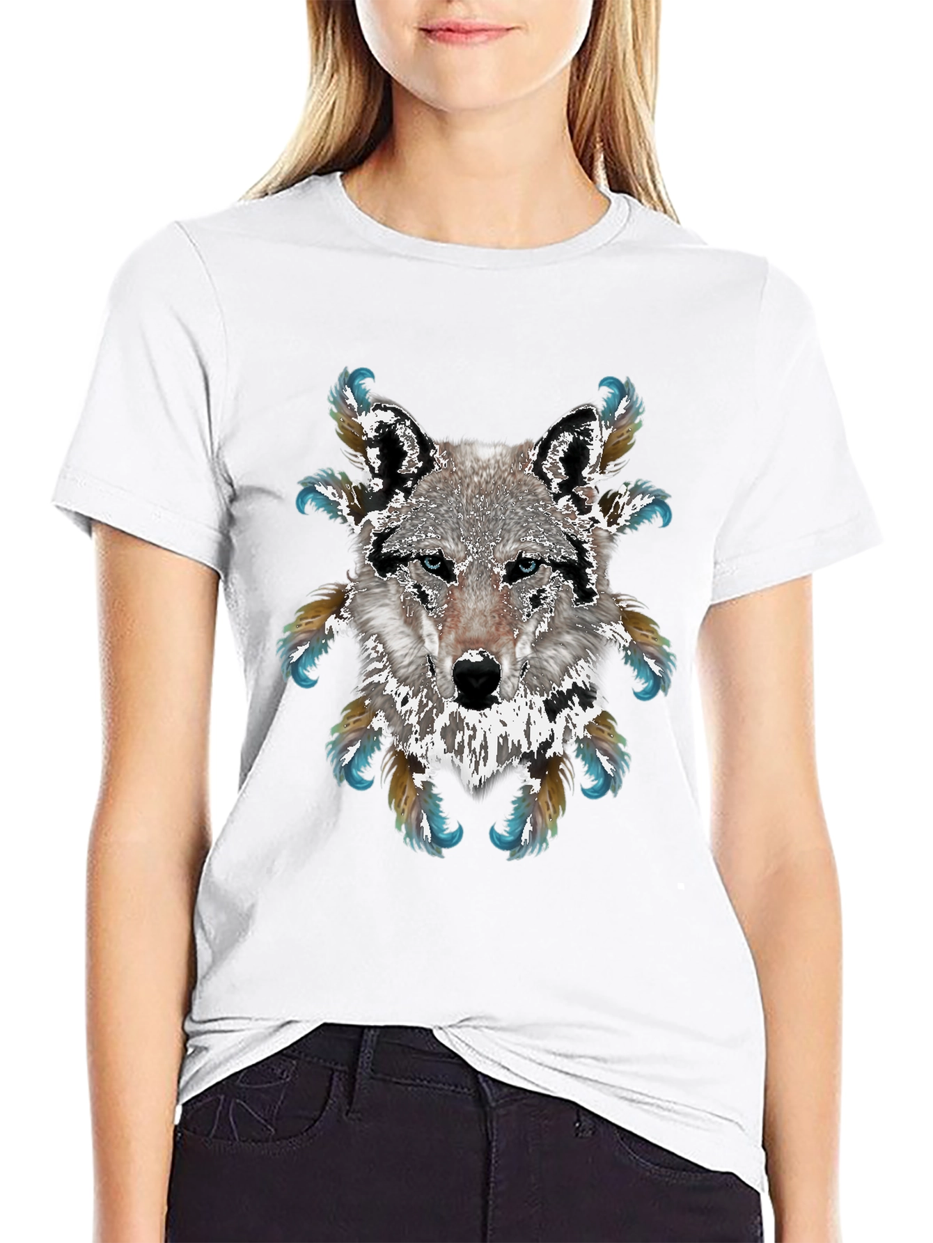 Wolf Graphic T-Shirt - Feathered Design