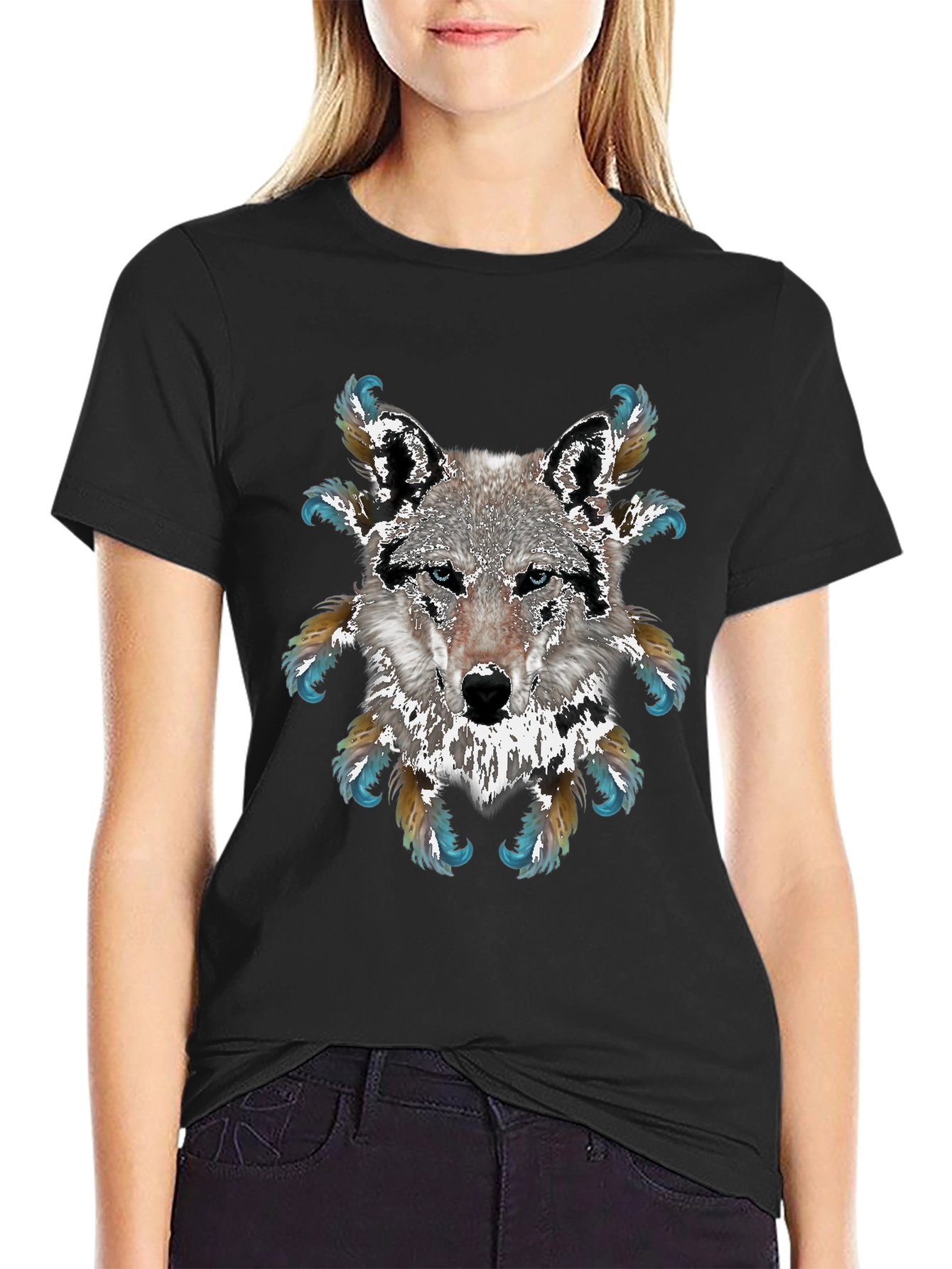 Wolf Graphic T-Shirt - Feathered Design