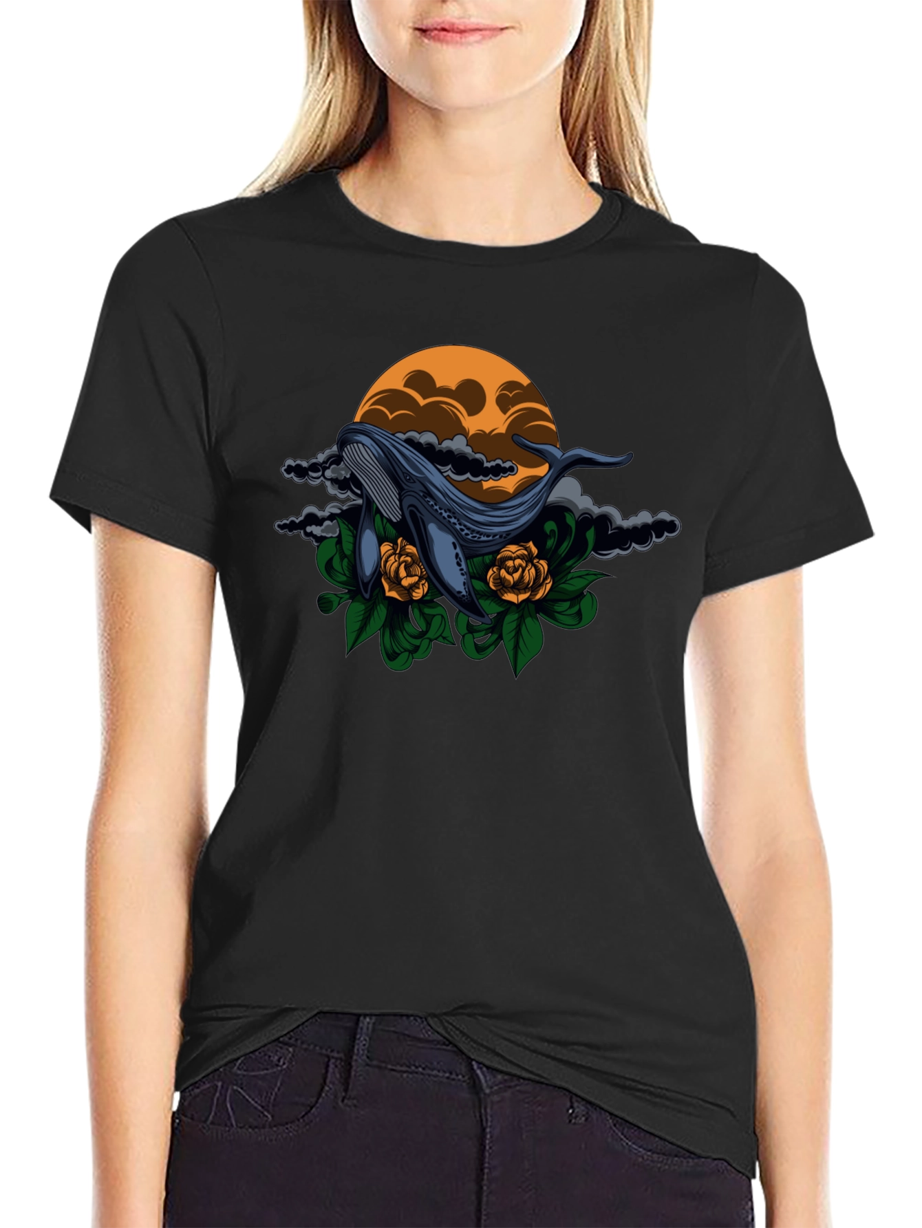 Whale & Roses Graphic Black T-Shirt