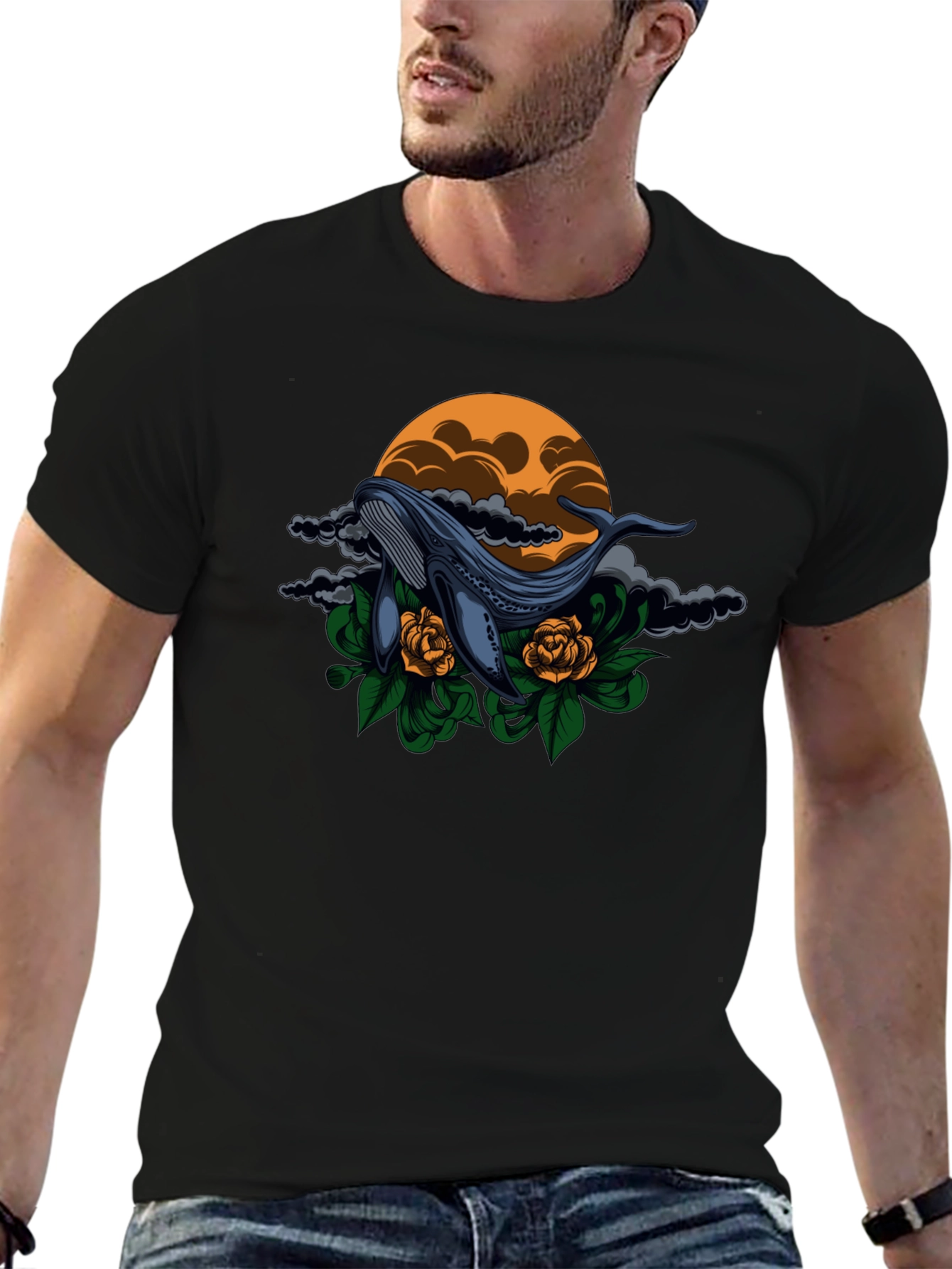 Whale & Roses Graphic Black T-Shirt