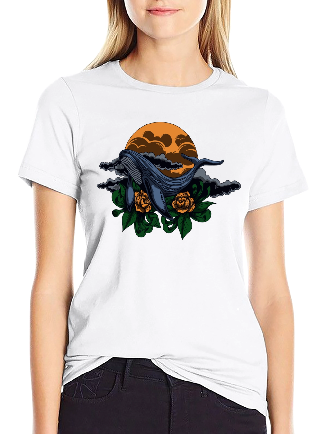 Whale & Roses Graphic Black T-Shirt