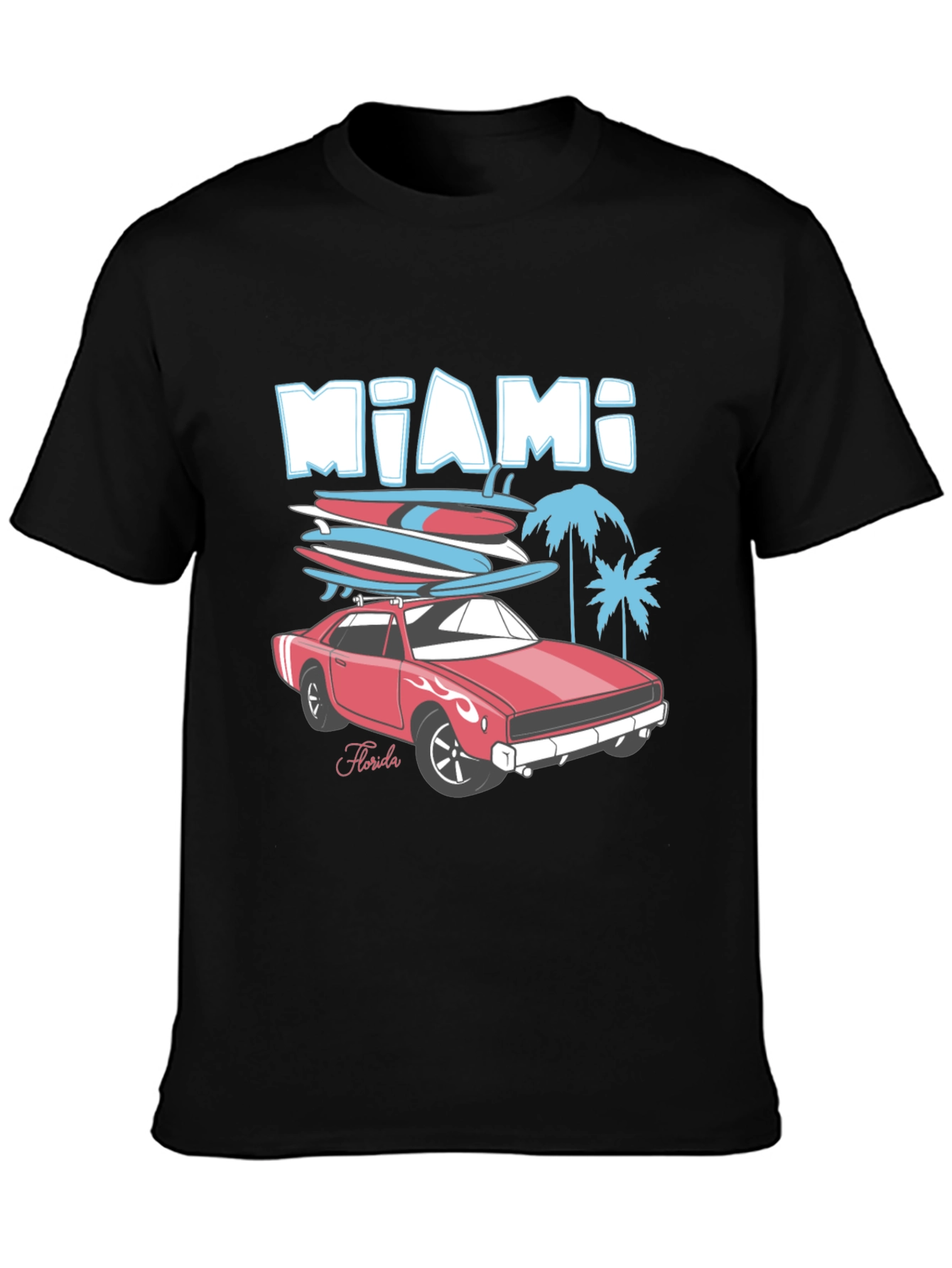 Miami Florida Car & Surfboards Black Graphic Tee