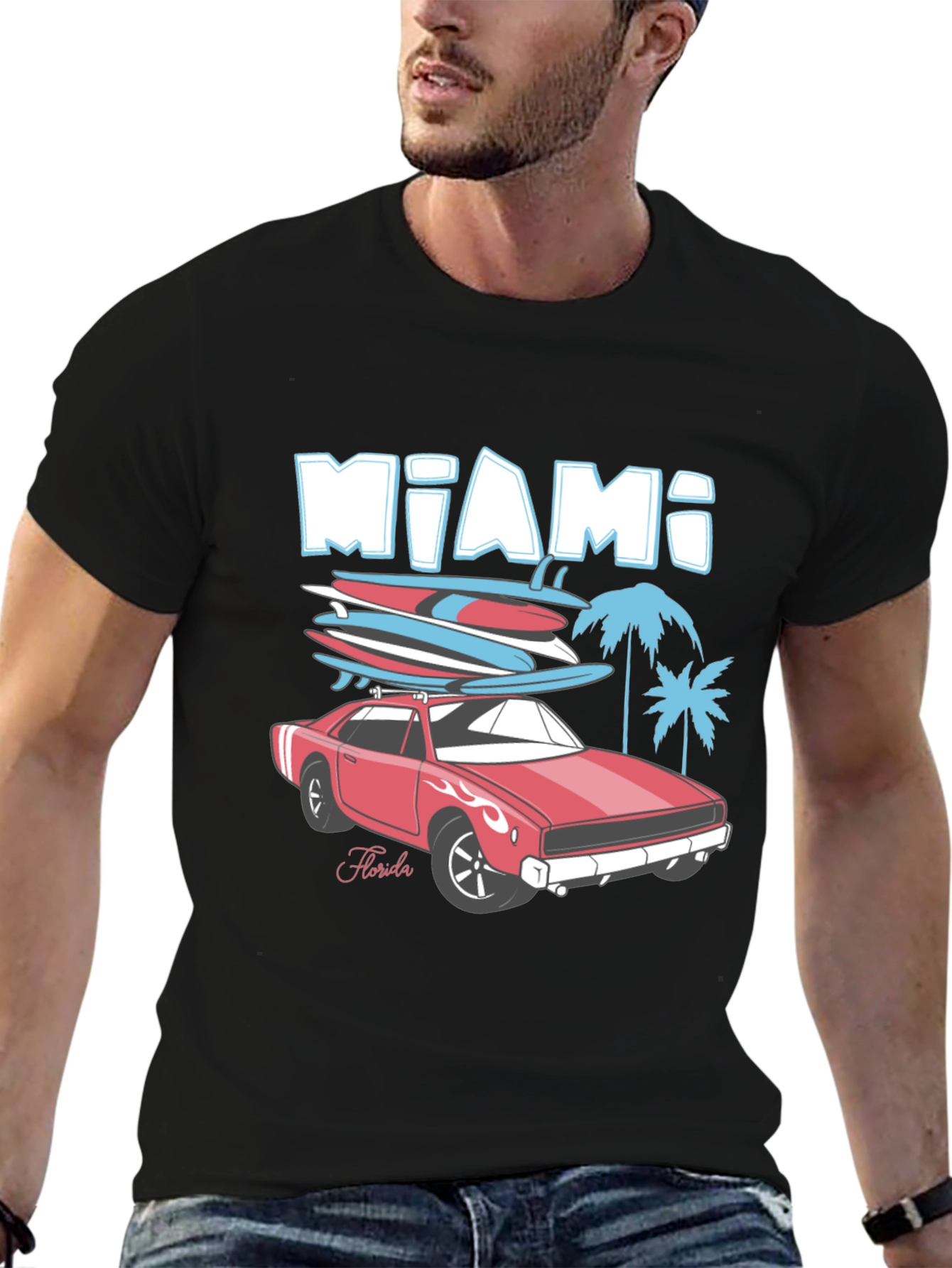 Miami Florida Car & Surfboards Black Graphic Tee