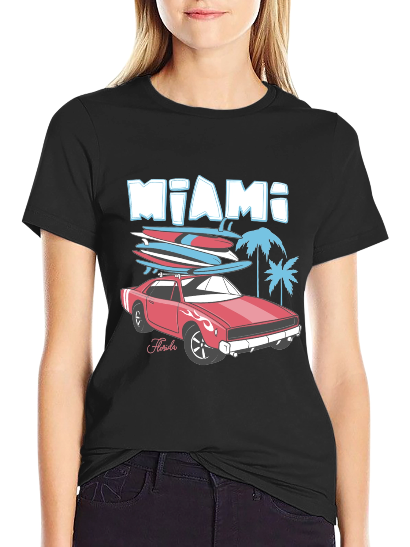 Miami Florida Car & Surfboards Black Graphic Tee