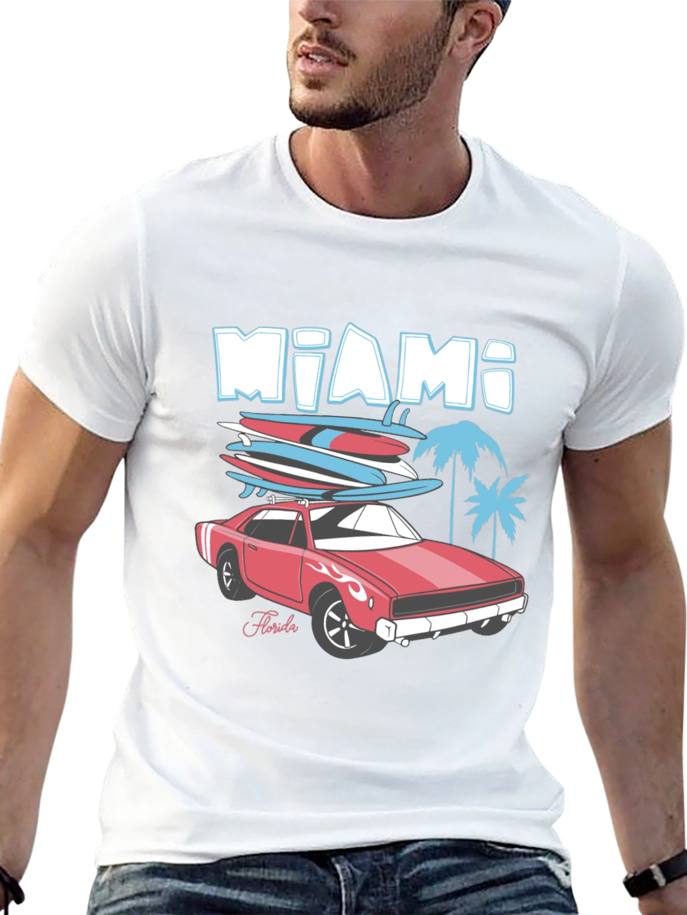 Miami Florida Car & Surfboards Black Graphic Tee