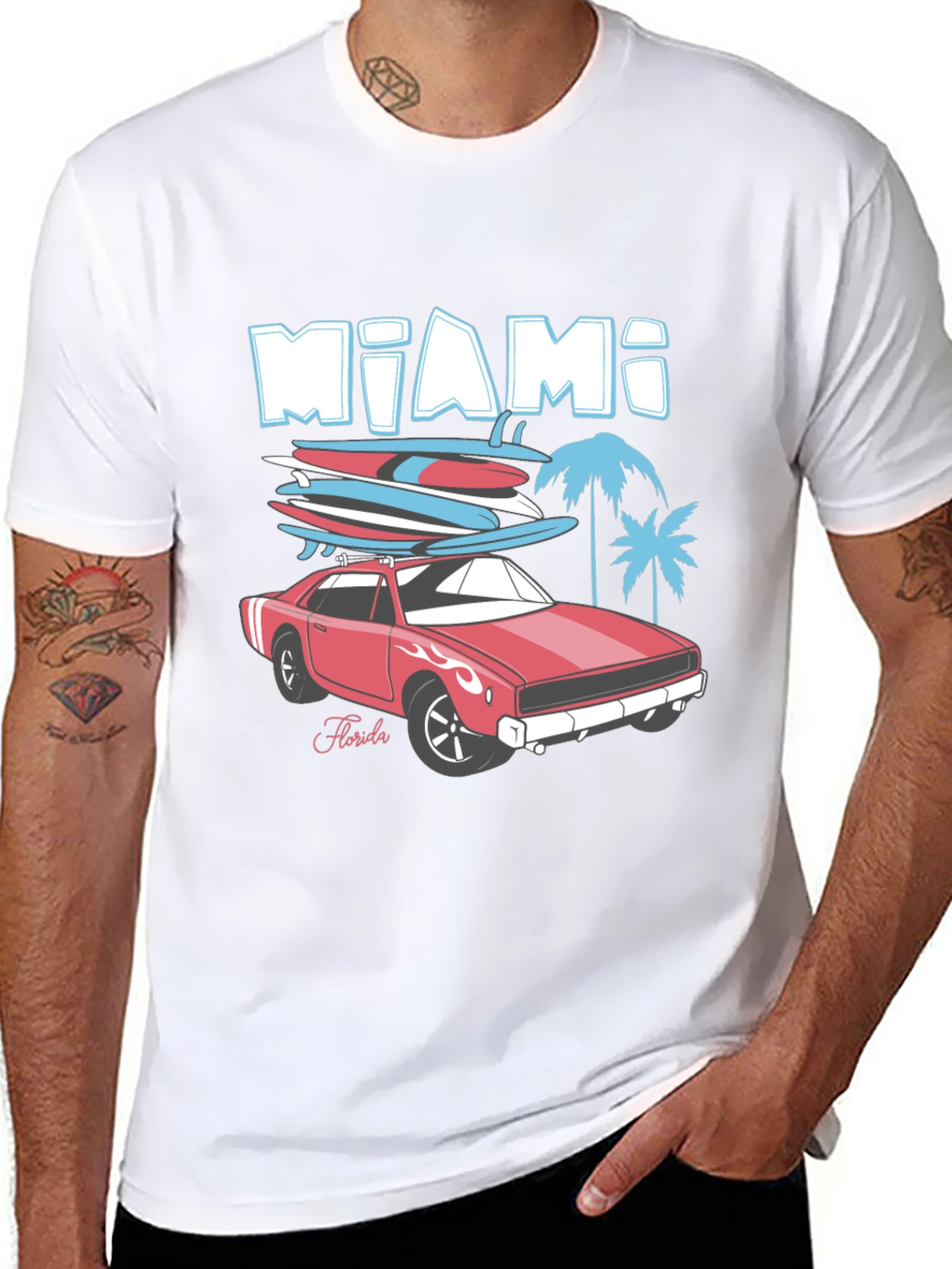 Miami Florida Car & Surfboards Black Graphic Tee