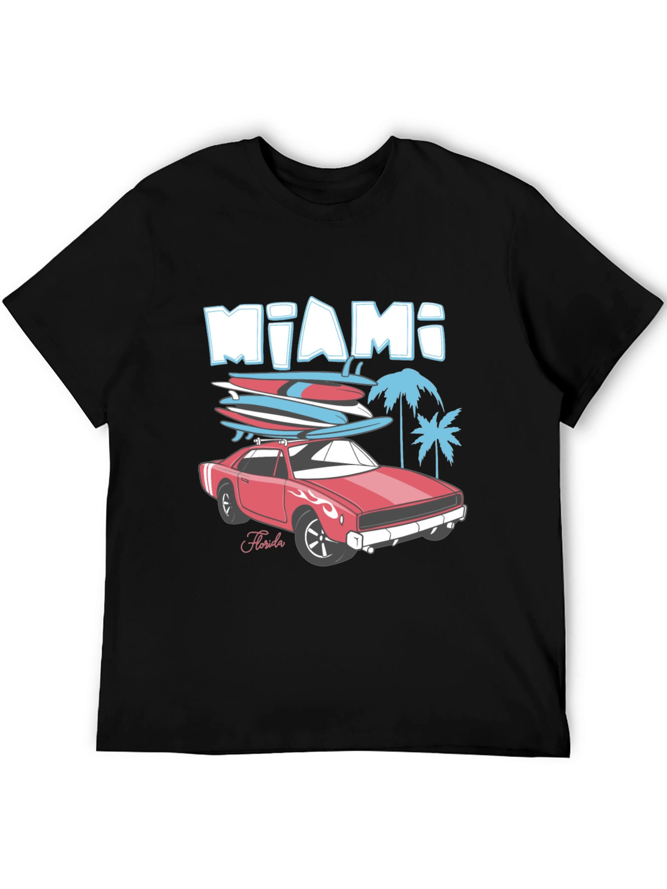 Miami Florida Car & Surfboards Black Graphic Tee