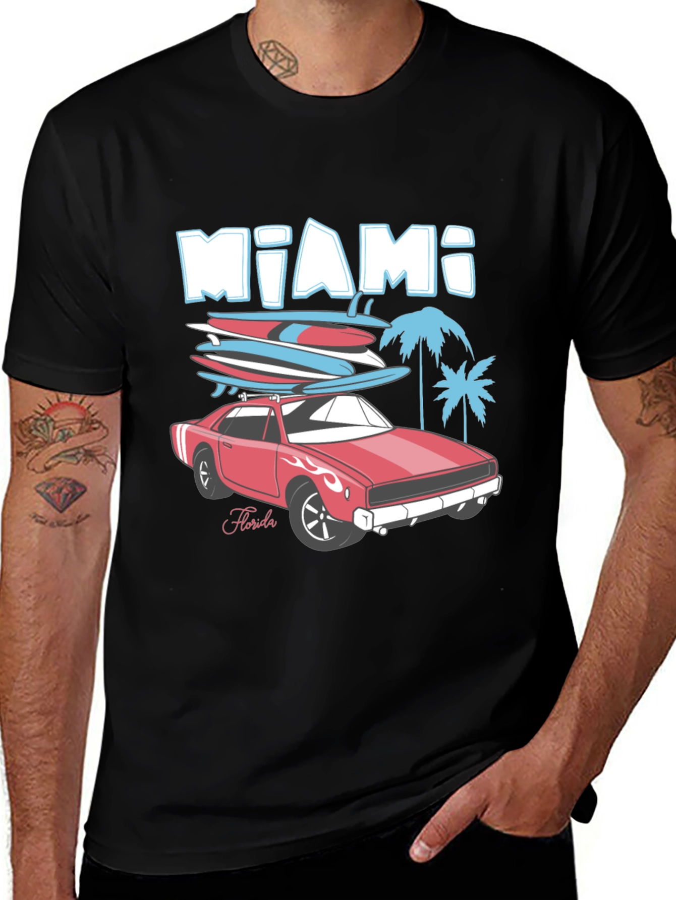 Miami Florida Car & Surfboards Black Graphic Tee