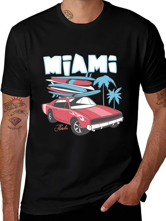 Miami Florida Car & Surfboards Black Graphic Tee