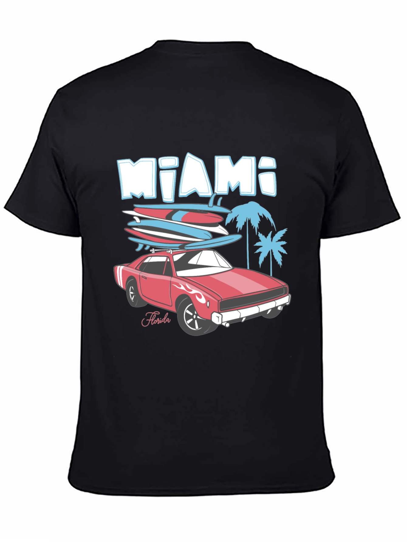 Miami Florida Car & Surfboards Black Graphic Tee
