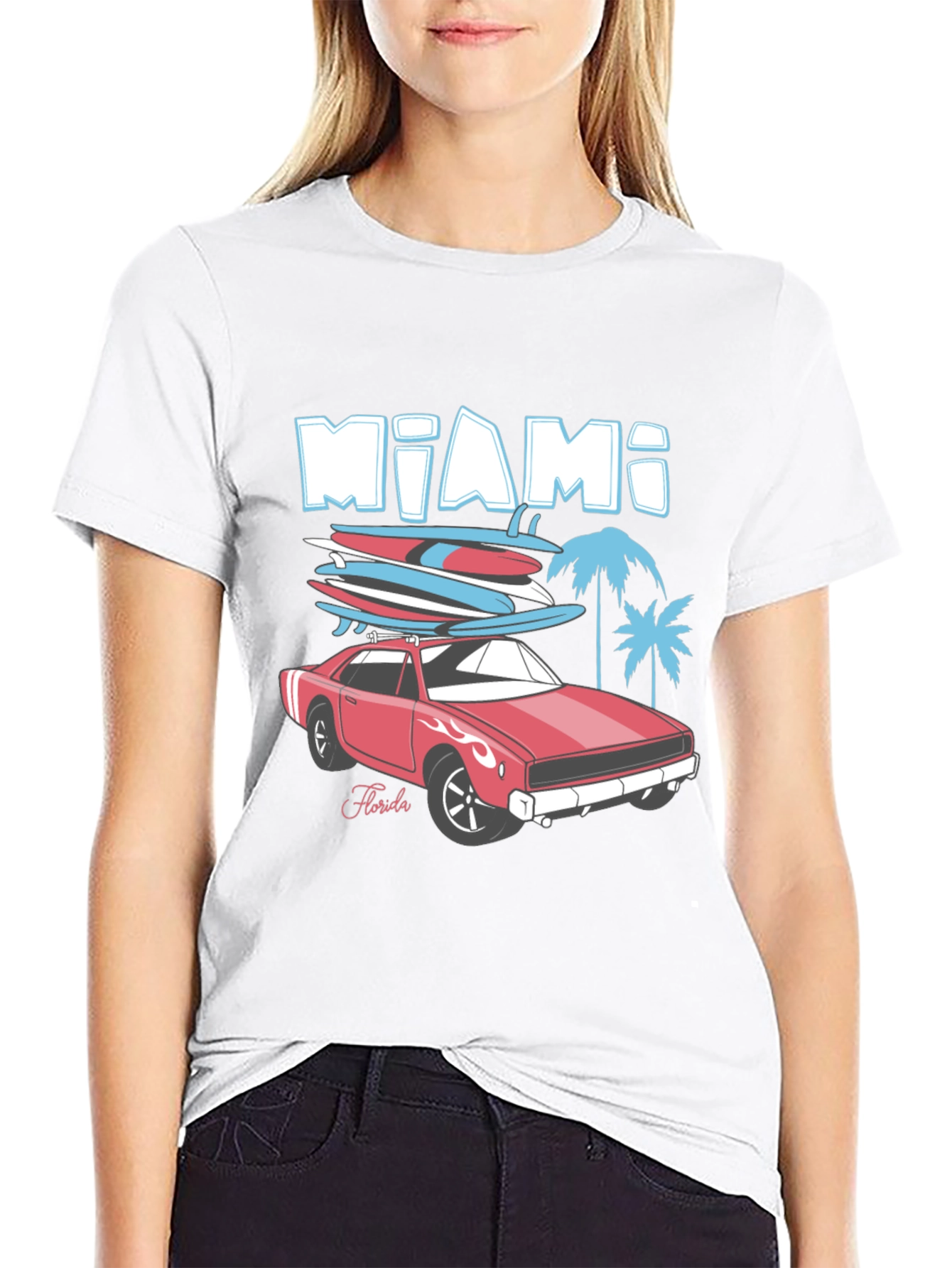 Miami Florida Car & Surfboards Black Graphic Tee