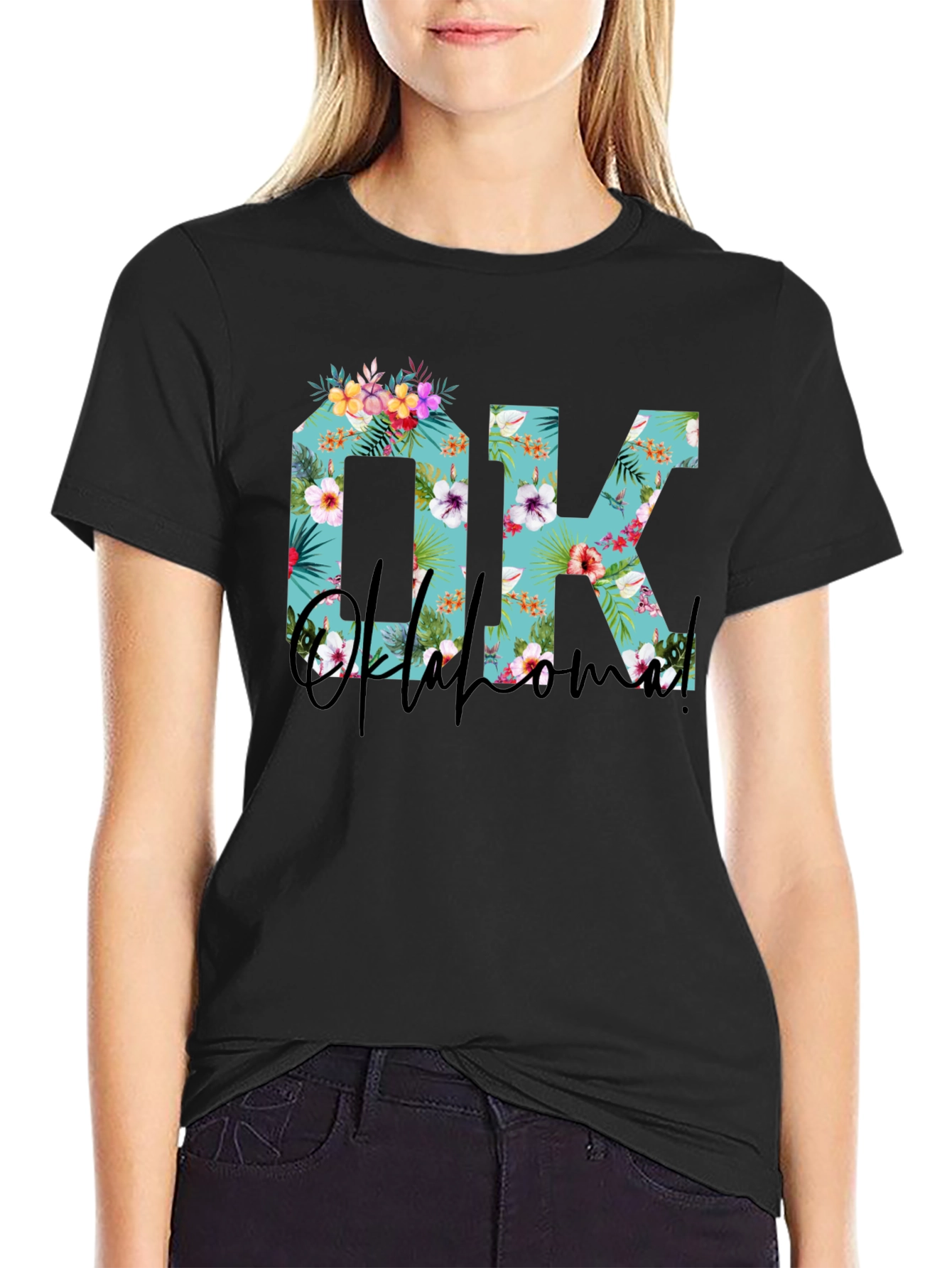 Floral OK Oklahoma T-Shirt - Black