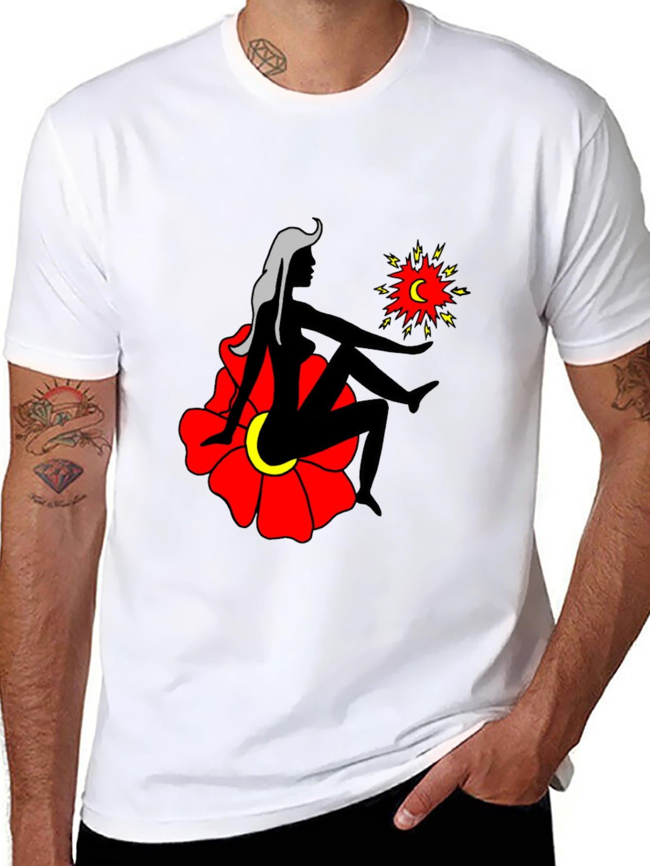 Artistic Graphic Tee - Woman Moon and Flower Design