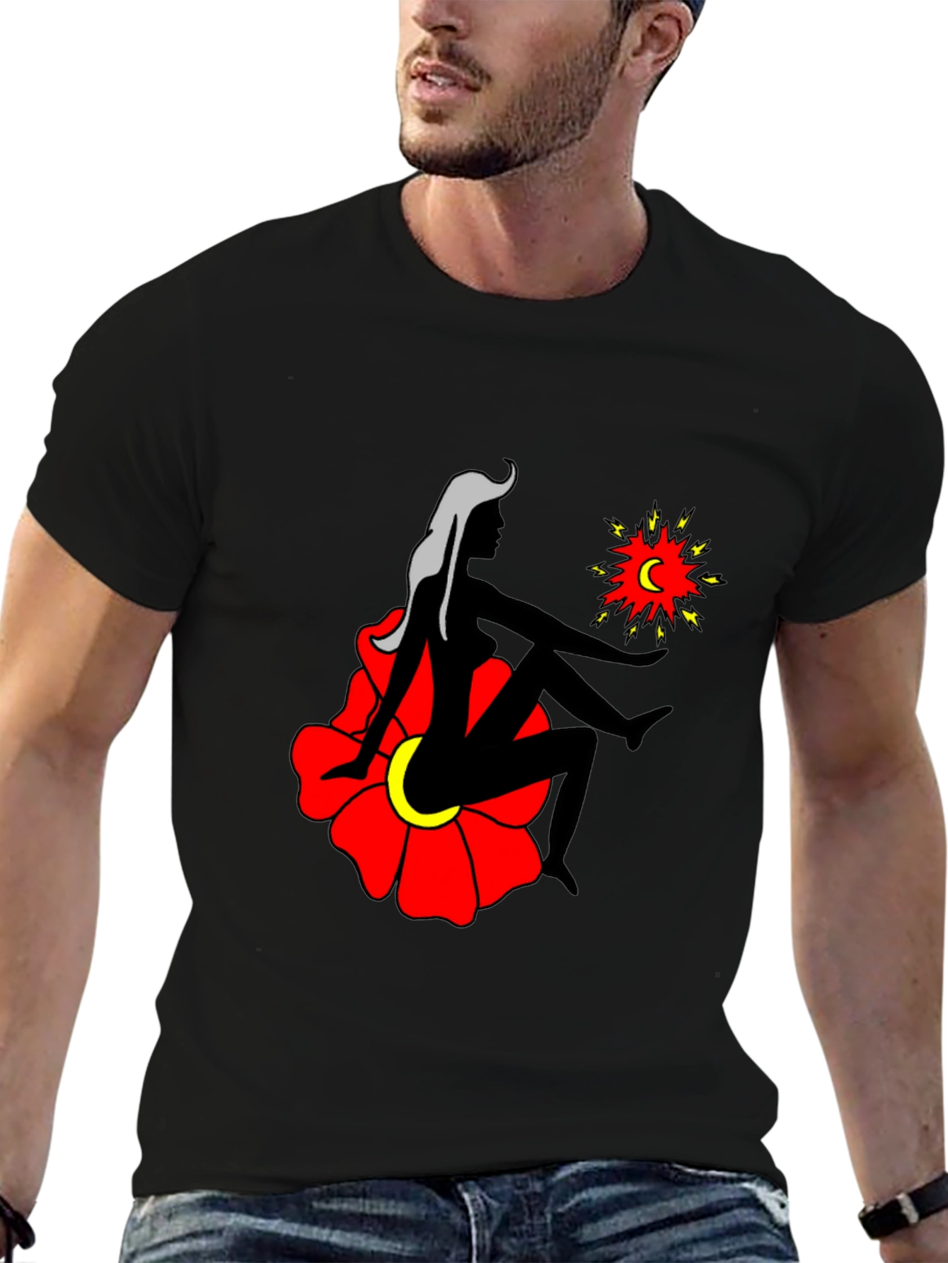 Artistic Graphic Tee - Woman Moon and Flower Design