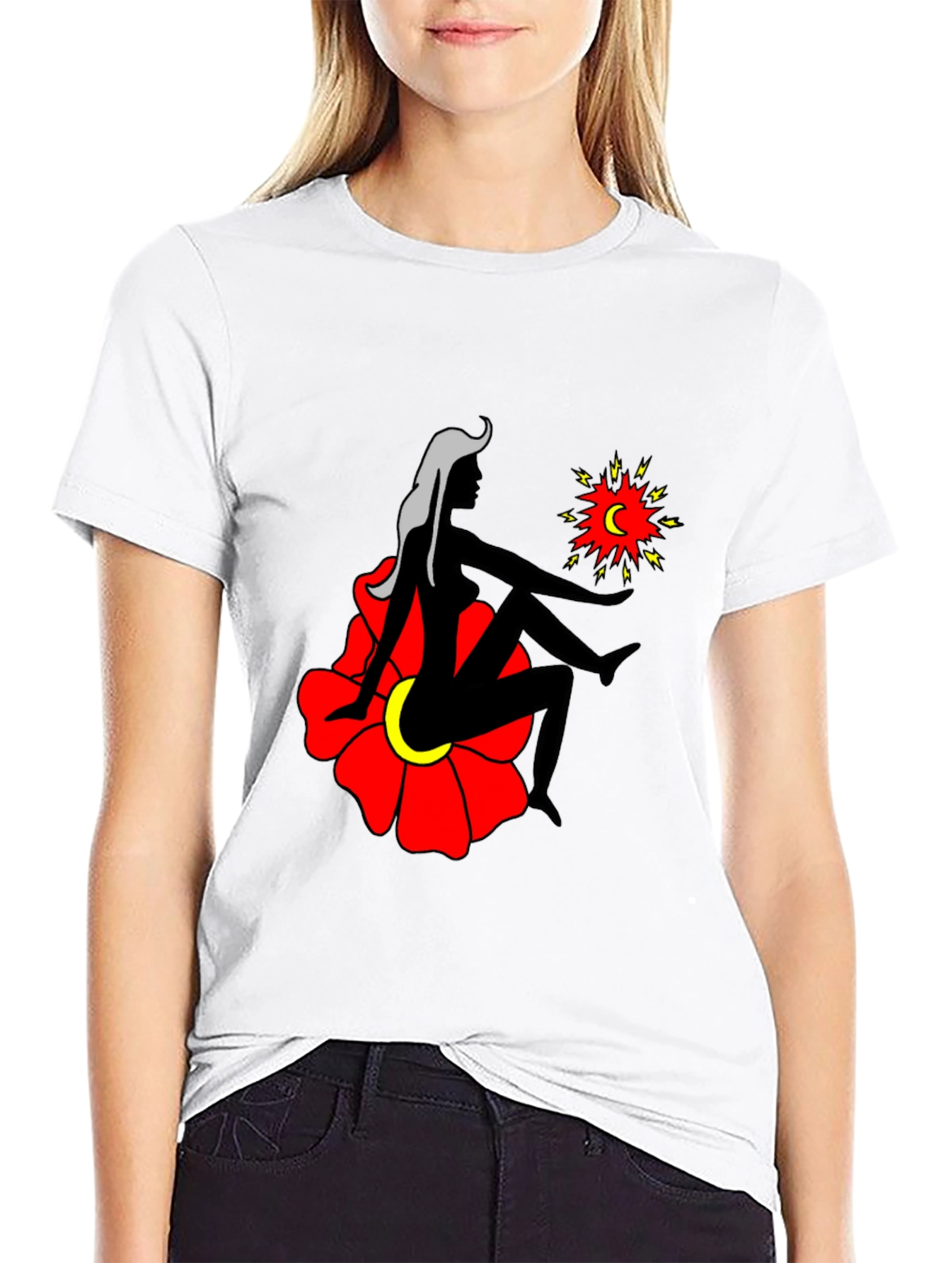 Artistic Graphic Tee - Woman Moon and Flower Design