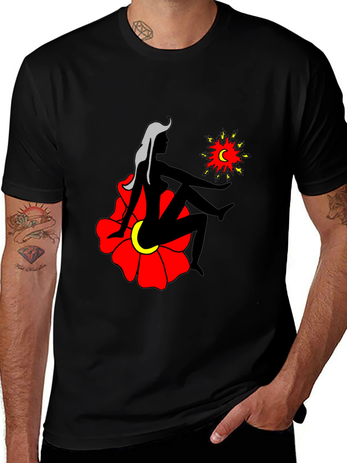 Artistic Graphic Tee - Woman Moon and Flower Design